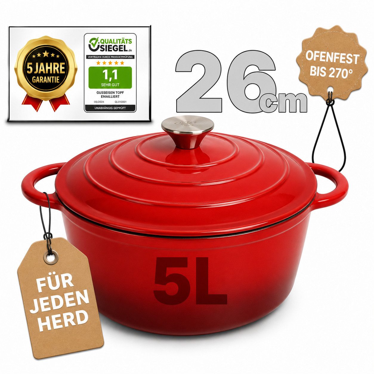 Ottia Schmortopf Gusseisen Topf lc, 26cm groß, 5L, Bräter, Brotbacktopf mit E-Book., Gusseisen, 3-fach Emaille, Händler aus Hamburg