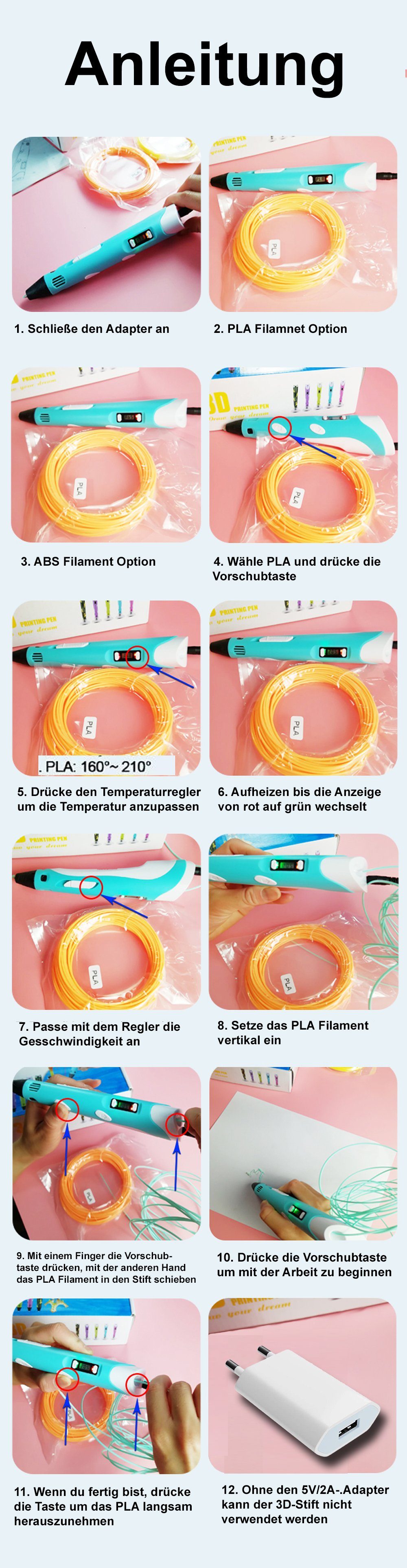 TPFNet DIY-Geschenk 3D Blau Kinder - Stift 3D-Drucker-Stift Farbe: für & für USB Erwachsene PLA Stift 3D LCD-Bildschirm mit Blau Filamentstift Drucker Kabel, Stift mit Kinder