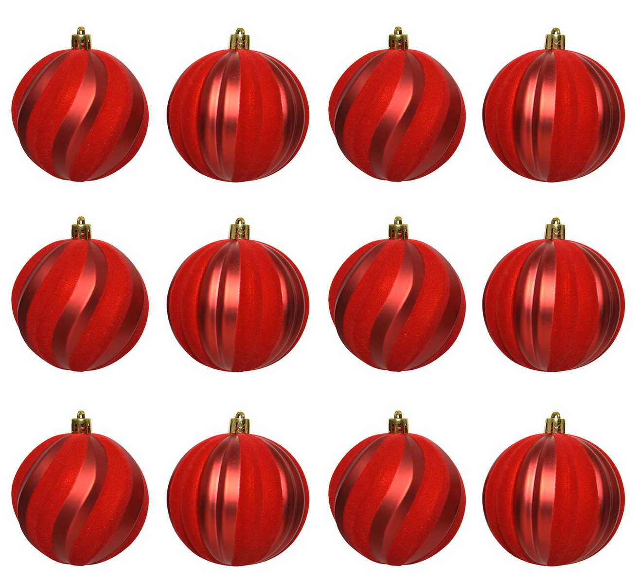 Kaemingk Weihnachtsbaumkugel, Weihnachtskugeln Kunststoff 8cm Samt Streifen 12er Set - Weihnachtsrot
