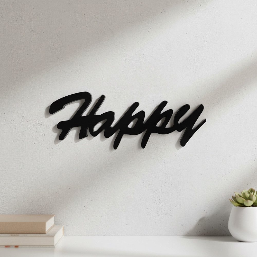 Melko Wanddekoobjekt Dekoschild Schriftzug Happy Schwarz oder Weiß MDF Holz zum aufstellen (Stück, Dekoschild Happy), Ideal für inspirierende Home-Dekoration