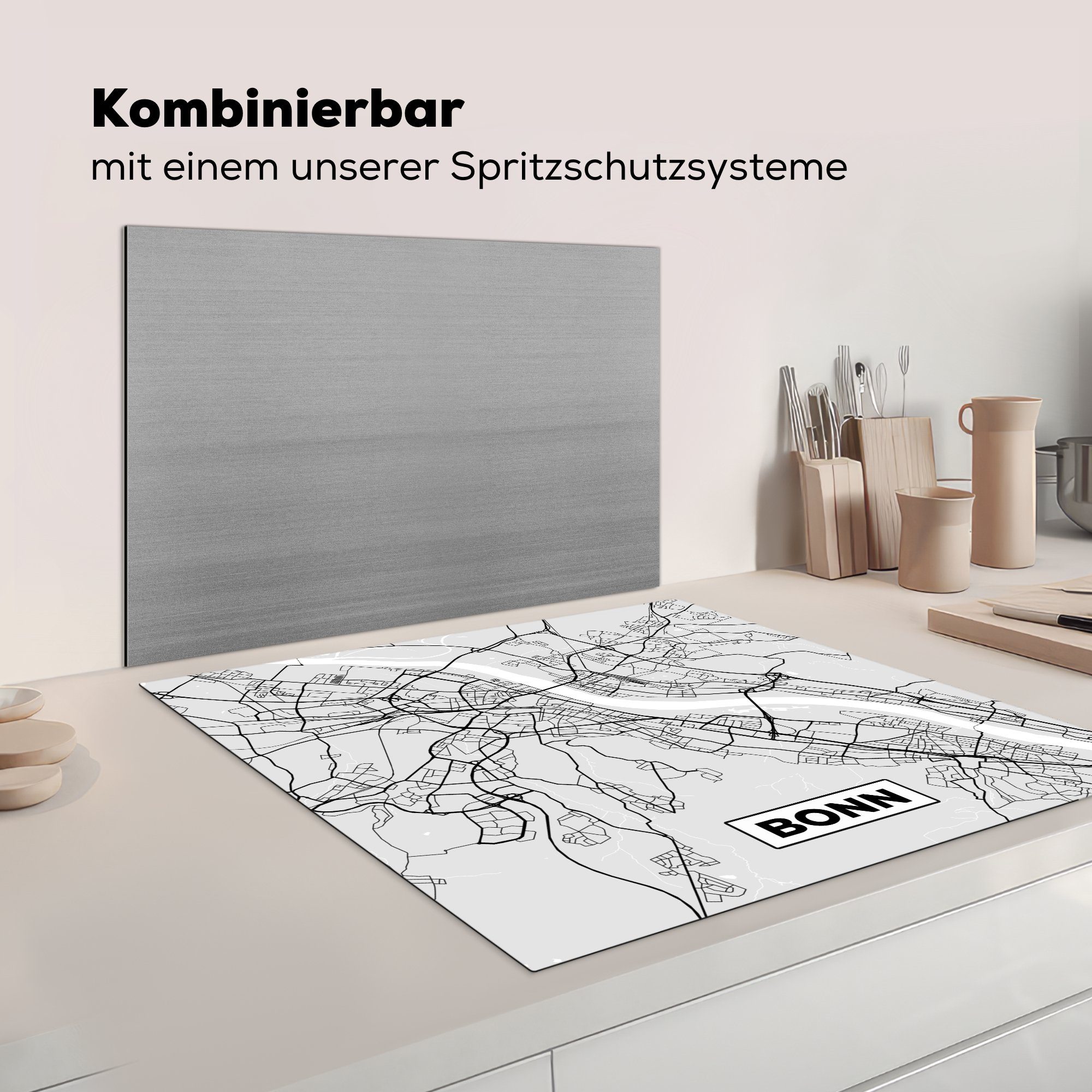 MuchoWow - cm, Stadtplan, - für (1 Herdblende-/Abdeckplatte küche Ceranfeldabdeckung, Vinyl, Karte Arbeitsplatte - tlg), Bonn Deutschland 78x78