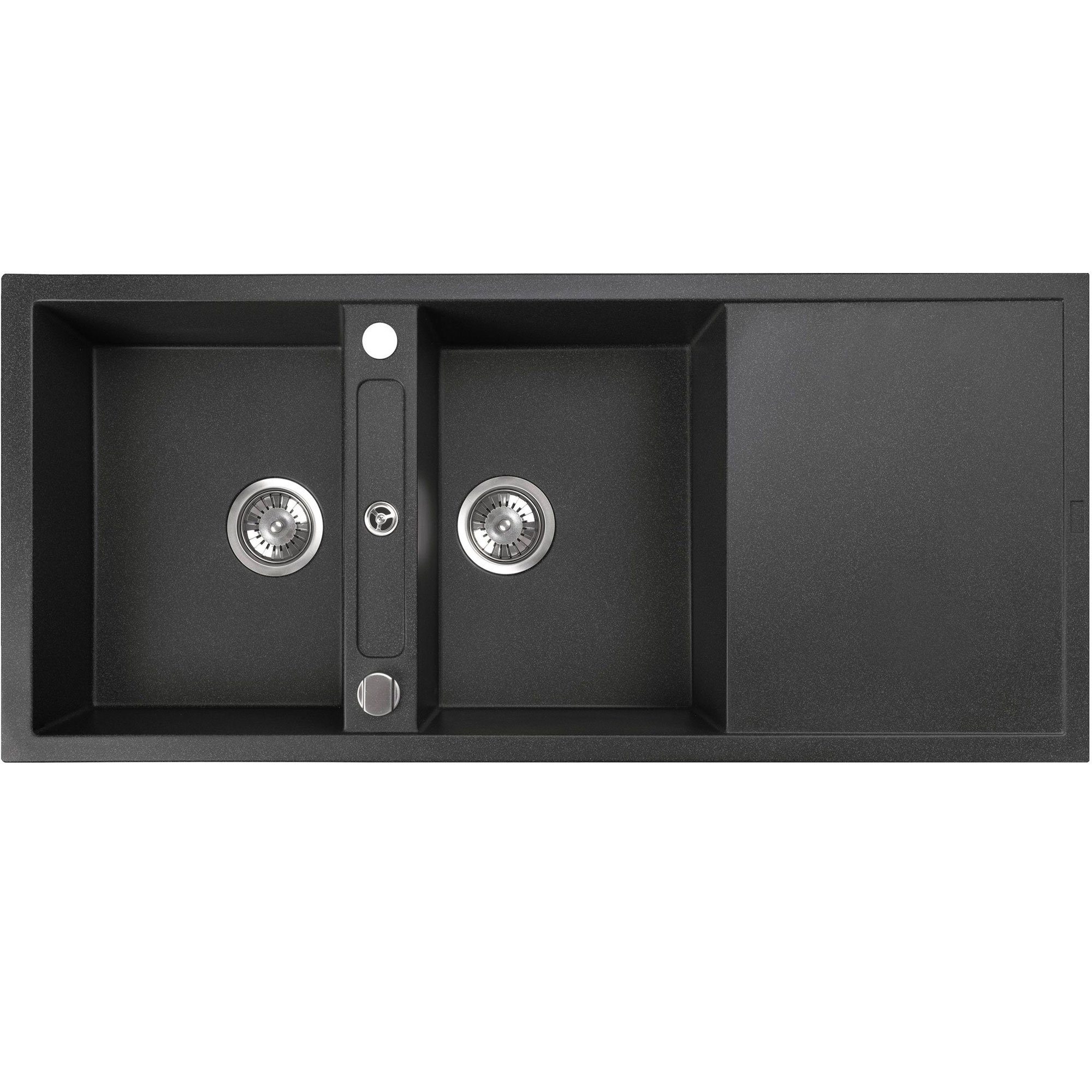 Homeline Granitspüle Doppel Granitspüle Küchenspüle SQ 1160x510 08, Eckig, 116/51 cm, Hahnloch Granitspüle, (Spar Set, Exenterbetätigung), Wechselseitig Einbau möglich Granitspüle