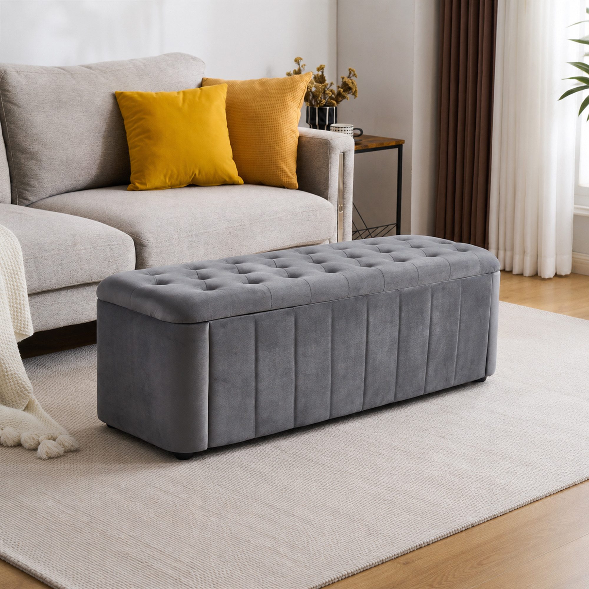 BlingBin Polsterbank mit abgerundeten Ecken,Velours Sitzbank mit Stauraum (1 Packung, 1-St., 132 × 47,5 × 44 cm,Sitzkommode mit Aufbewahrung), gepolsterter Sitzhocker für Schlafzimmer, Wohnzimmer, Flur