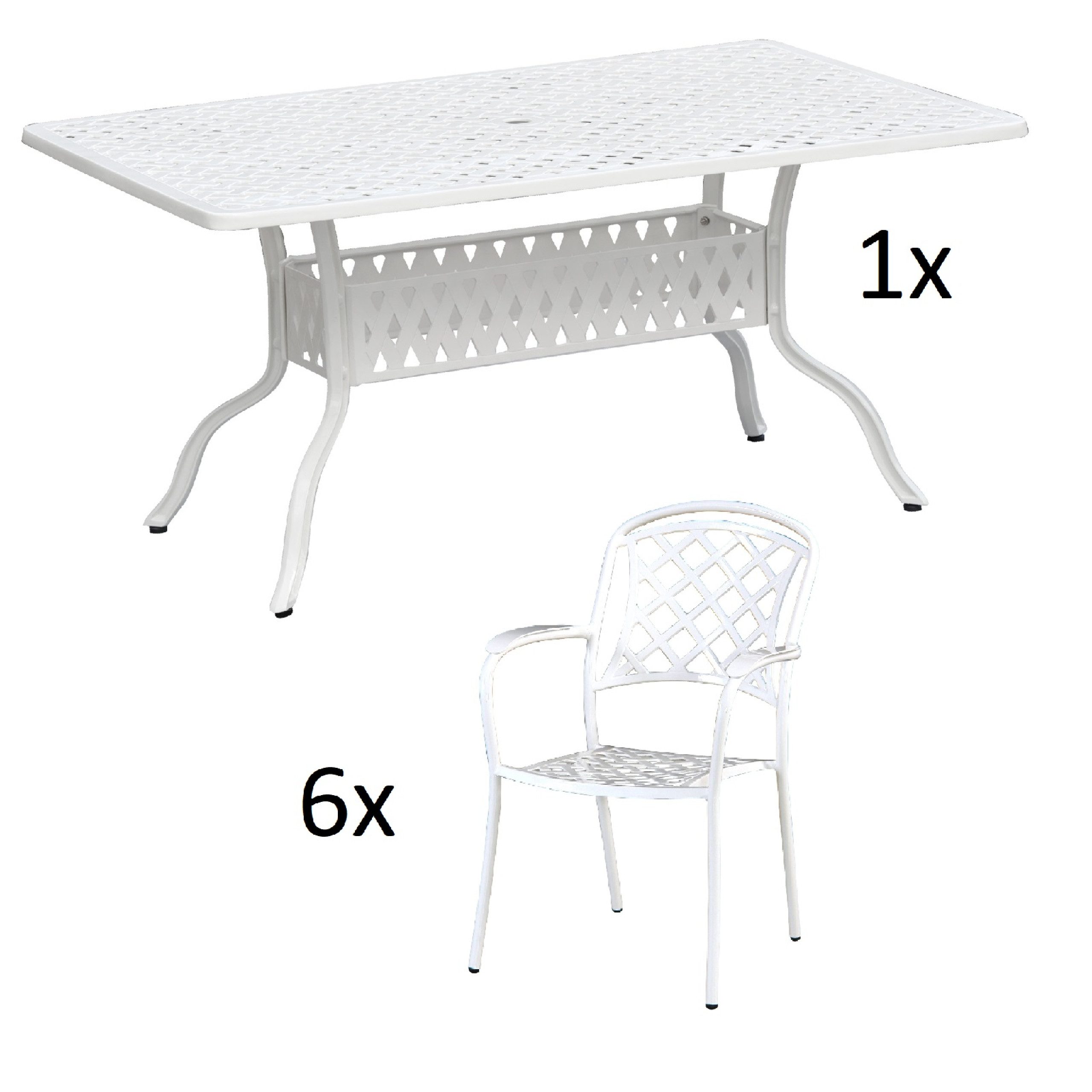 Inko Sitzgruppe Inko 7-teilige Sitzgruppe Alu-Guss weiß Tisch 120x80x74 cm cm mit 6