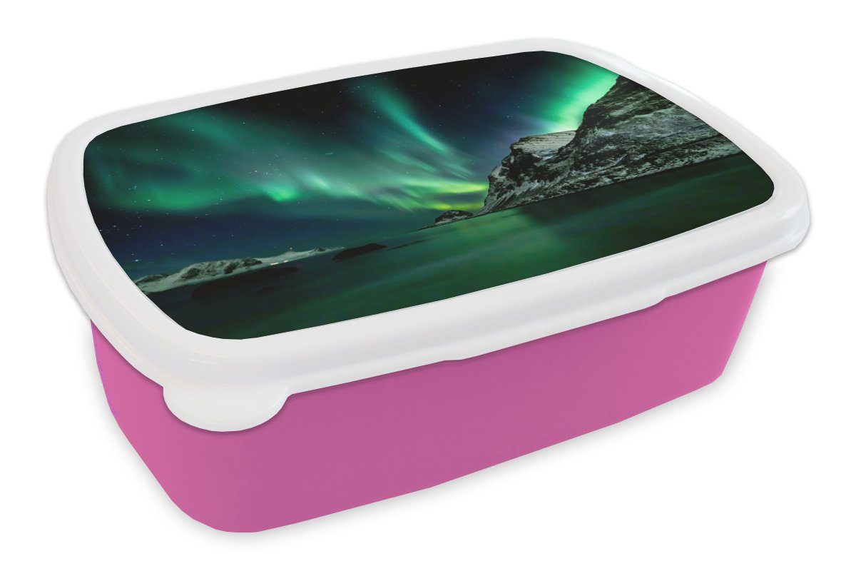 Brotbox Erwachsene, Strand Kunststoff - Brotdose Norwegen, Lunchbox für Kunststoff, Snackbox, MuchoWow Kinder, Mädchen, rosa (2-tlg), Nordlichter -