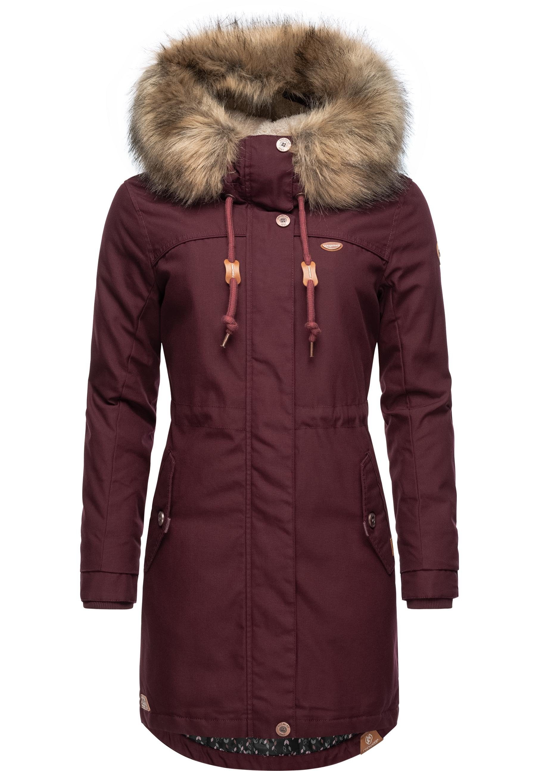 und Kapuze stylischer mit großer Winterparka Kunstfellkragen Ragwear Winterjacke Tawny dunkelrot