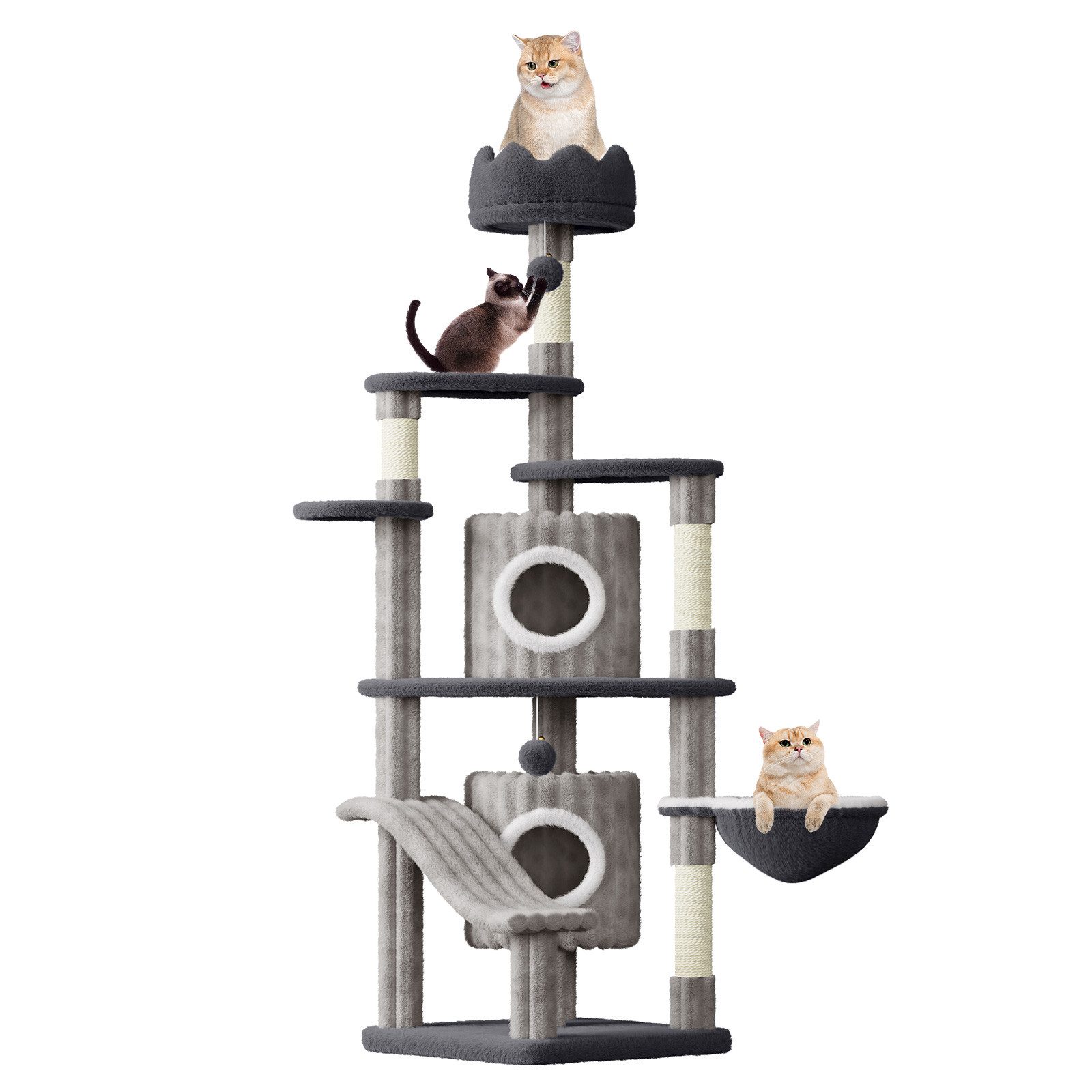 Dogat Kratzbaum Kratzbaum 162 cm für Wohnungskatzen, BxTxH: 48x48x162cm, 5 Sisal-Kratzsäulen, 2 Höhlen, 2 Spielbällen