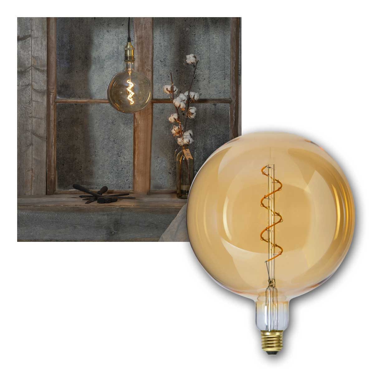 STAR TRADING LED-Leuchtmittel E27 Birne INDUSTRIAL-VINTAGE Amberglas XXL Kugel, warmweiß