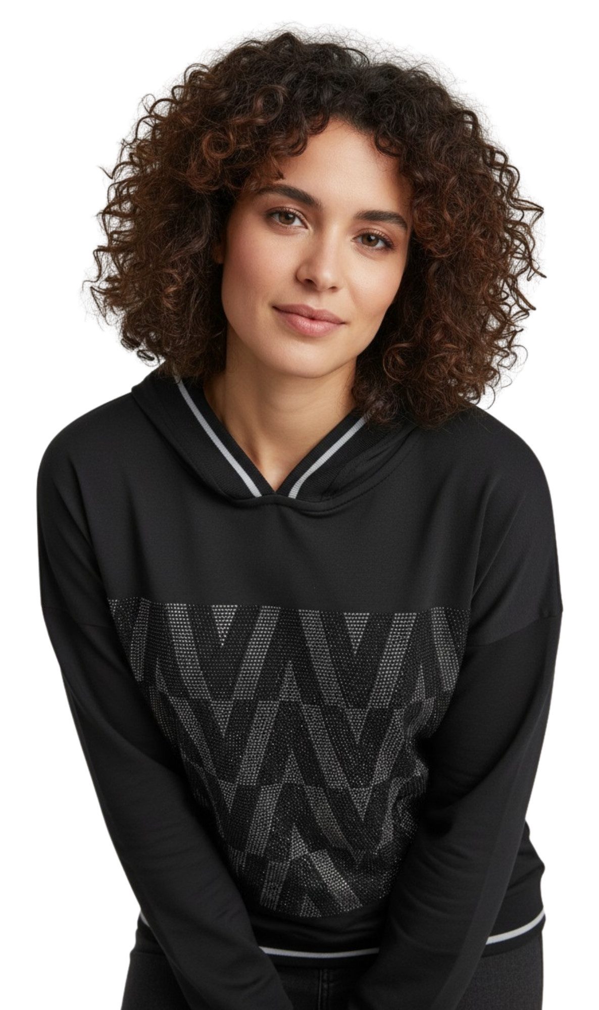Estefania for woman Sweatshirt 186-1138, mit Kapuze, überschnittenen Schultern und Strassbesatz Rippbündchen an Saum und Ärmeln