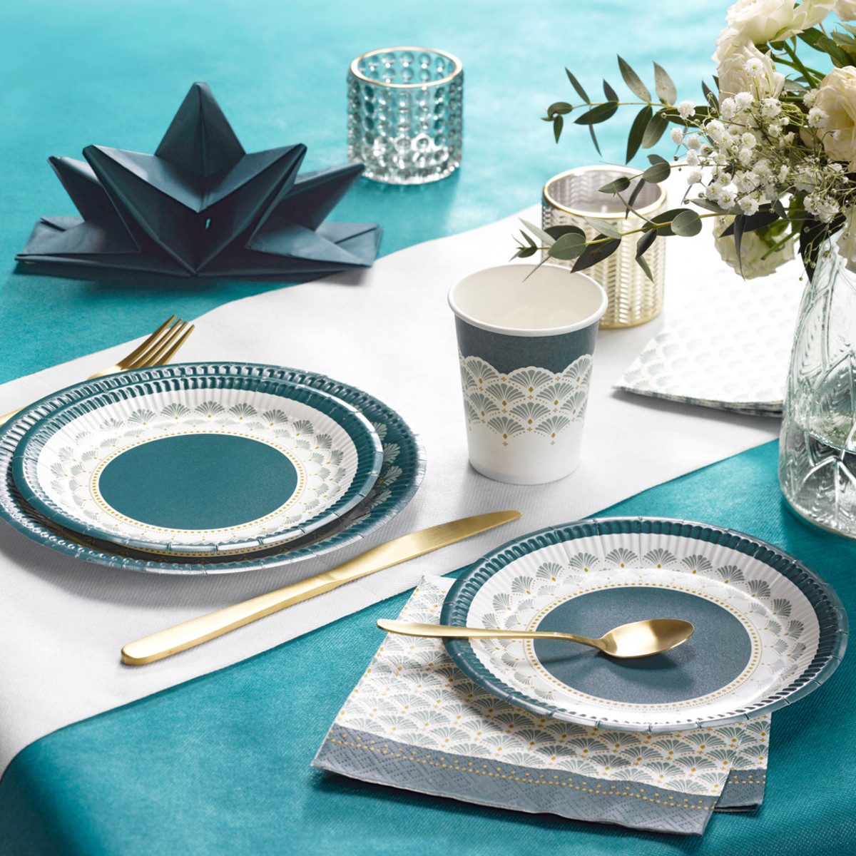 Macosa Home Papierserviette Servietten Set 40 Stk. 33 x 33 cm Motiv Grün Weiß Gold, (Partyservietten gemustert Einweg), Tisch-Deko Einwegservietten Cocktailservietten