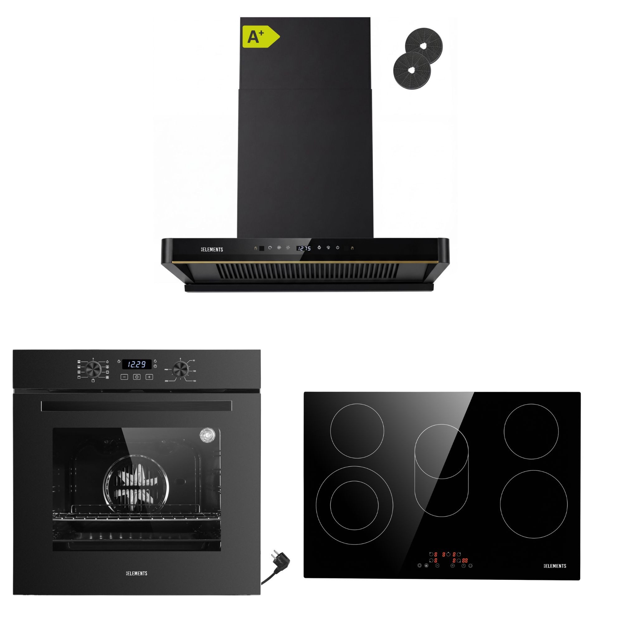 KB Elements Backofen-Set Einbaubackofen 60 cm mit 5-Zonen Glaskeramik Kochfeld 77 cm, Steam Clean, Air Fry, Steam Clean, Circle Fan Heater, 5 Kochzonen