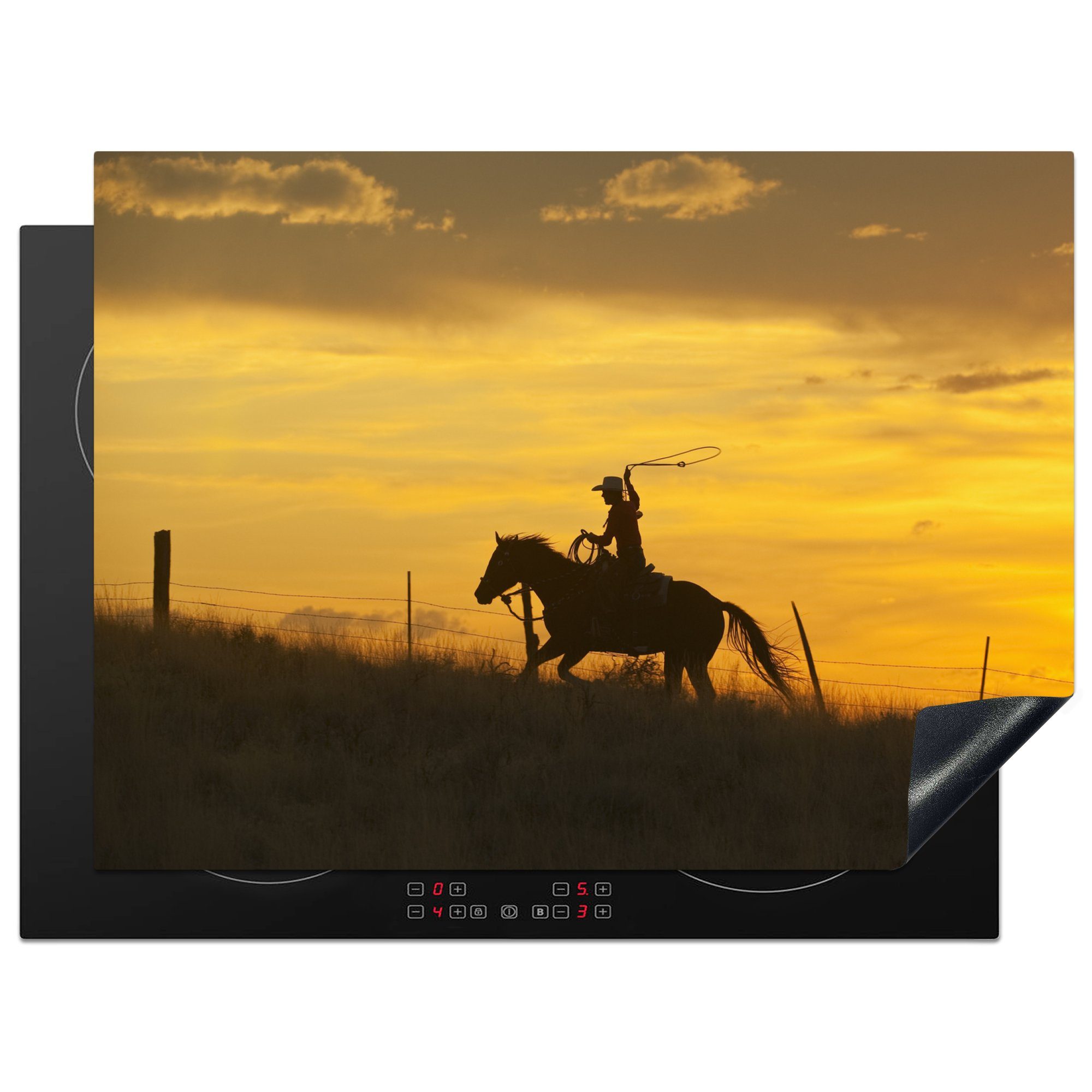 MuchoWow Herdblende-/Abdeckplatte Ein Cowboy unter einem orangefarbenen Himmel, Vinyl, (1 tlg), 71x52 cm, Induktionskochfeld Schutz für die küche, Ceranfeldabdeckung | Herdabdeckplatten