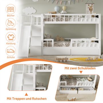 Sweiko Etagenbett (Doppelbett, multifunktionales Kinderbett, mit Rutsche und Treppen, mit 2 Schubladen), 90*200 cm,Massivholz,Weiß (ohne Matratze)