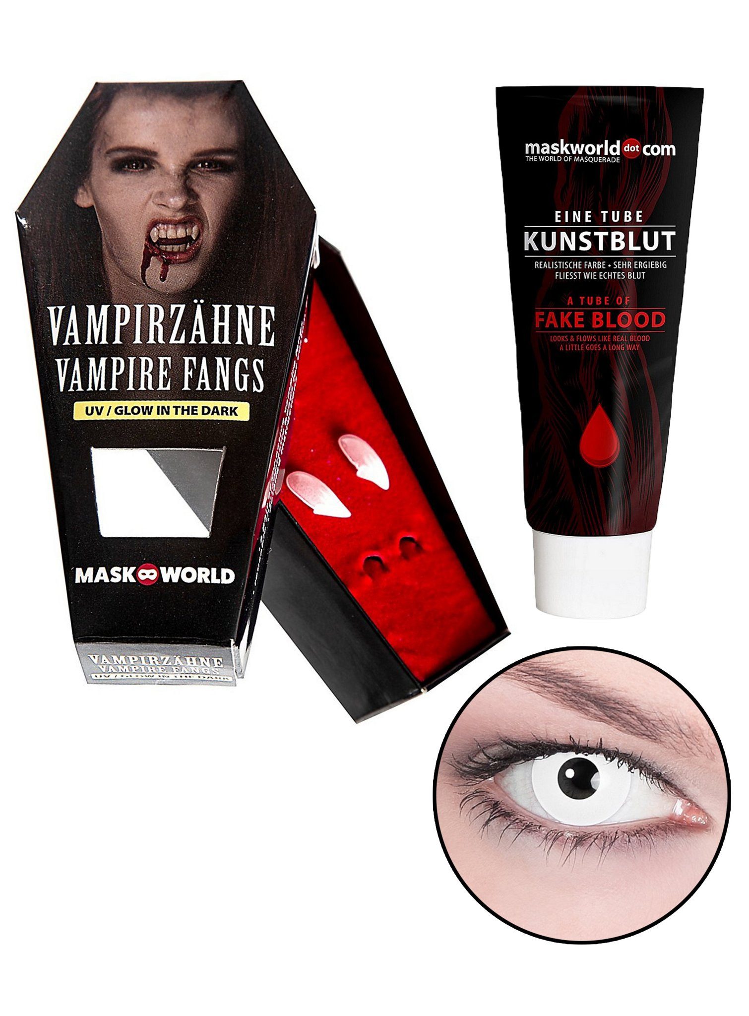 Maskworld Motivlinsen Vampir-Set Glow Halloween Kontaktlinsen Blut Zähne, Strahlend weiße Augen, leuchtende Zähne und ... Blut!
