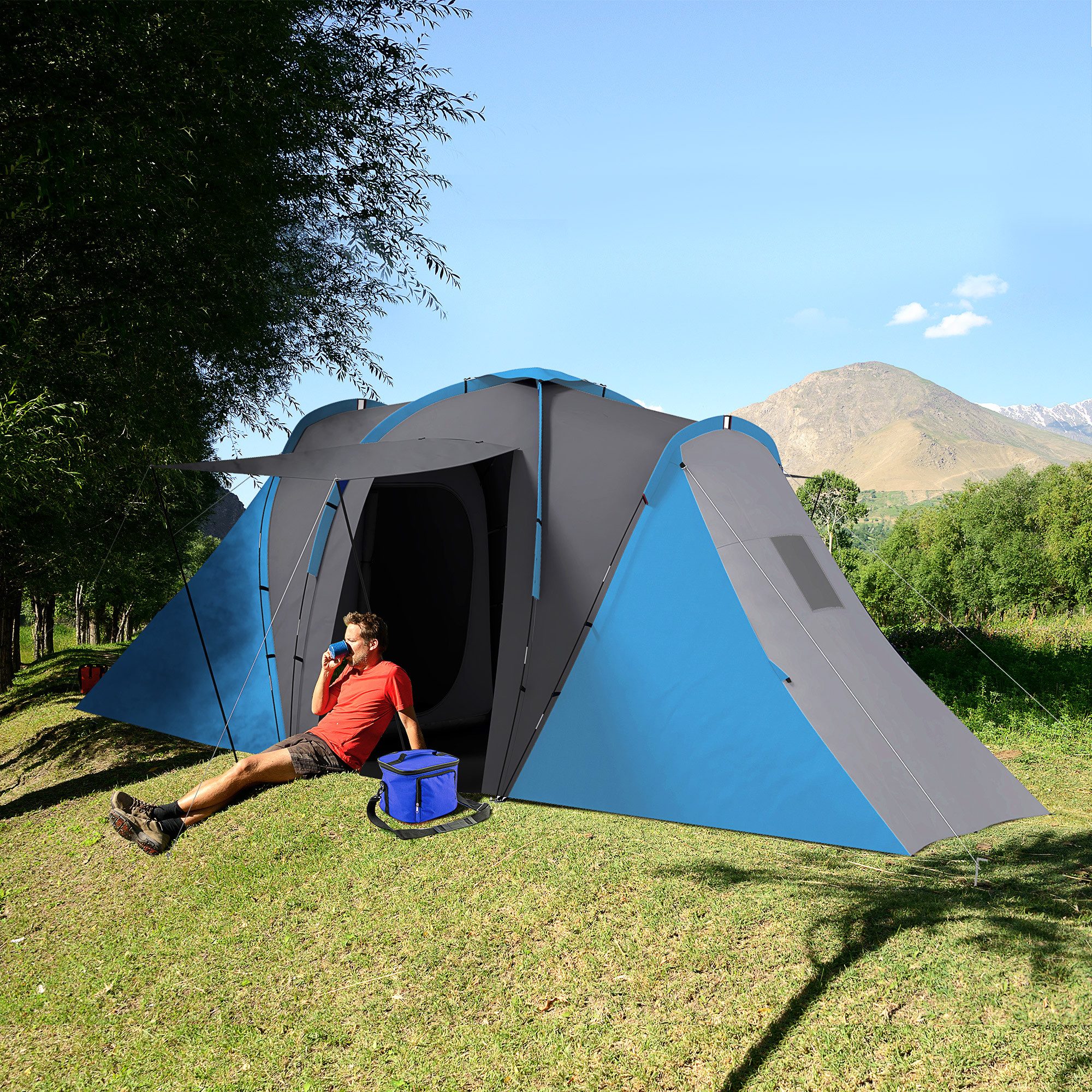 Outsunny Tunnelzelt 2000mm Wasserabweisend Gruppenzelt mit 2 Schlafzimmern Wohnbereich, Personen: 4 (Familienzelt, 1 tlg., Campingzelt), für Garten, Camping, Grau+Blau