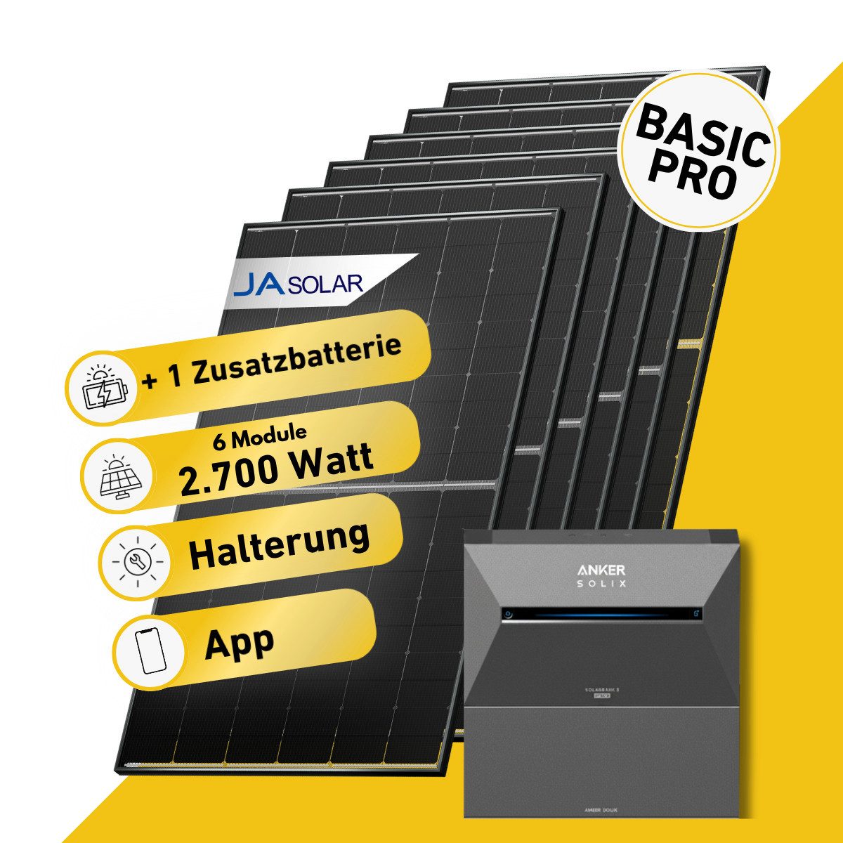 Balkonstrom Balkonkraftwerk BASIC Pro 2700 Watt Solaranlage mit Speicher Komplettset Bifazial, 2700 W, Monokristallin, (6x JA Solarmodul á 450 Watt, 1x Anker Solix 3 Pro Solarspeicher E2700, 1-4 Zusatzspeicher BP2700), Halterung für Dach, Fassade, Balkon & Garten, App & Plug&Play DE