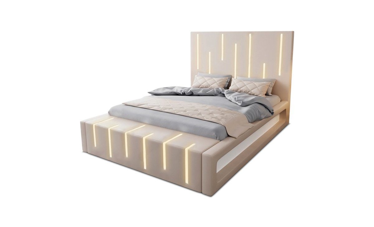 Sofa Dreams Boxspringbett Milona Bett Premium LED Beleuchtung, Kunstleder Komplettbett mit Topper beige-weiß mit