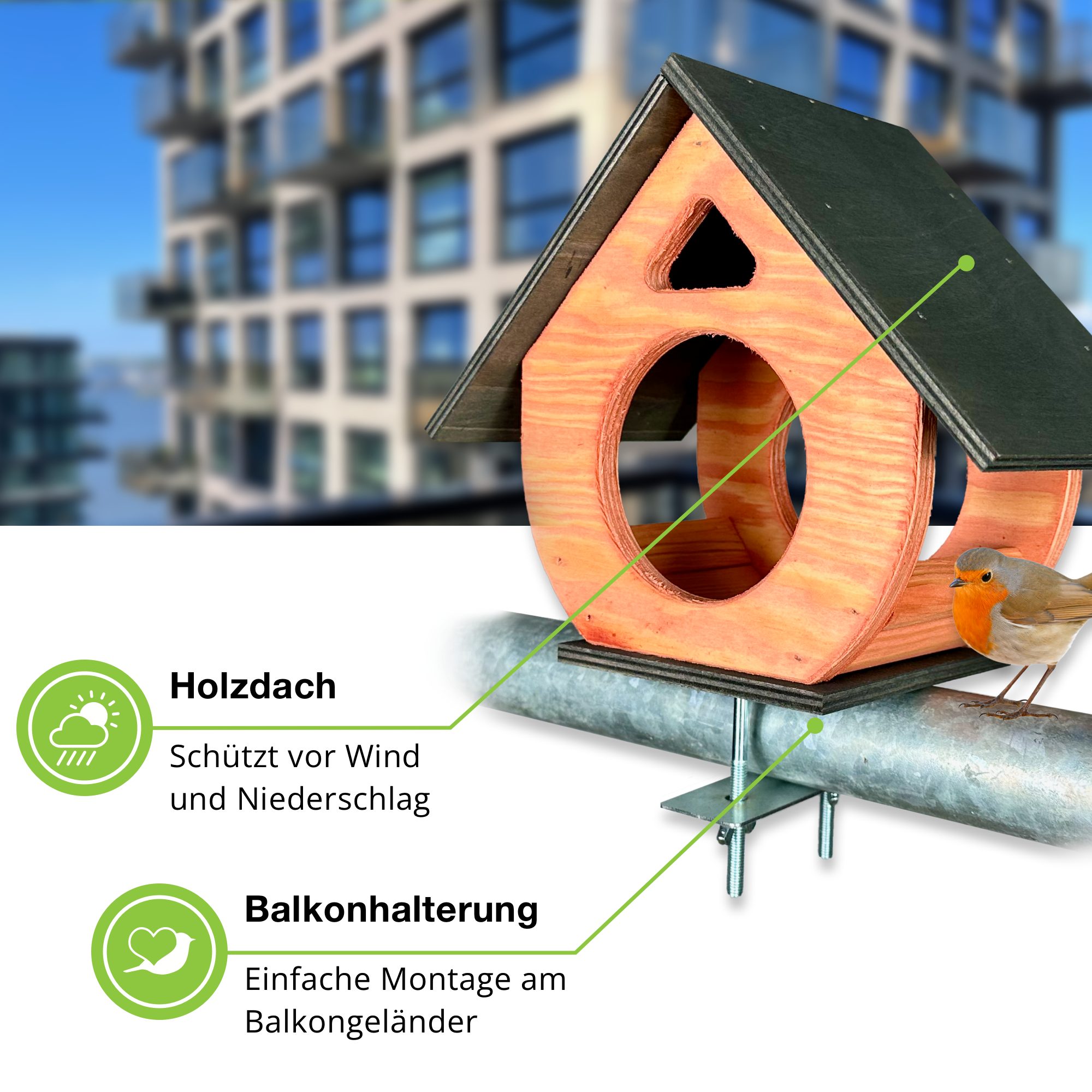 gartenetage Vogelhaus Balkon-Vogelhäuschen aus wetterfestem Natur-Holz, einfache Montage, stabile Befestigung – Vogelhaus für Balkon/Terrasse