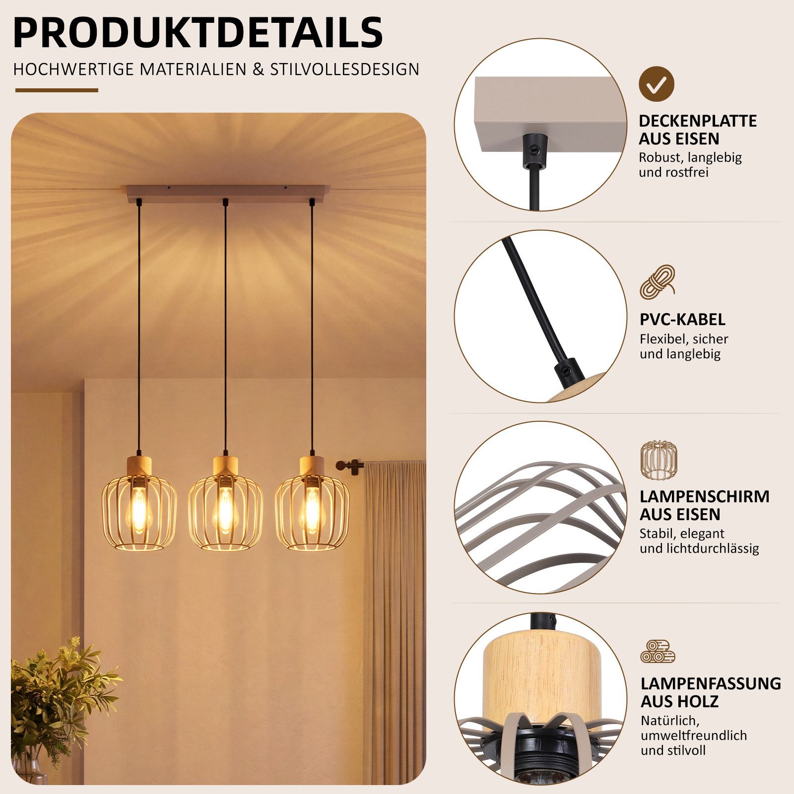 Nettlife Pendelleuchte Weiß/grau 1/3flammig Holz moderne Hängelampe E27 Fassung, ohne Leuchtmittel, für Esstisch Wohnzimmer Küche Flur Kücheninsel – Bild 2 von 5