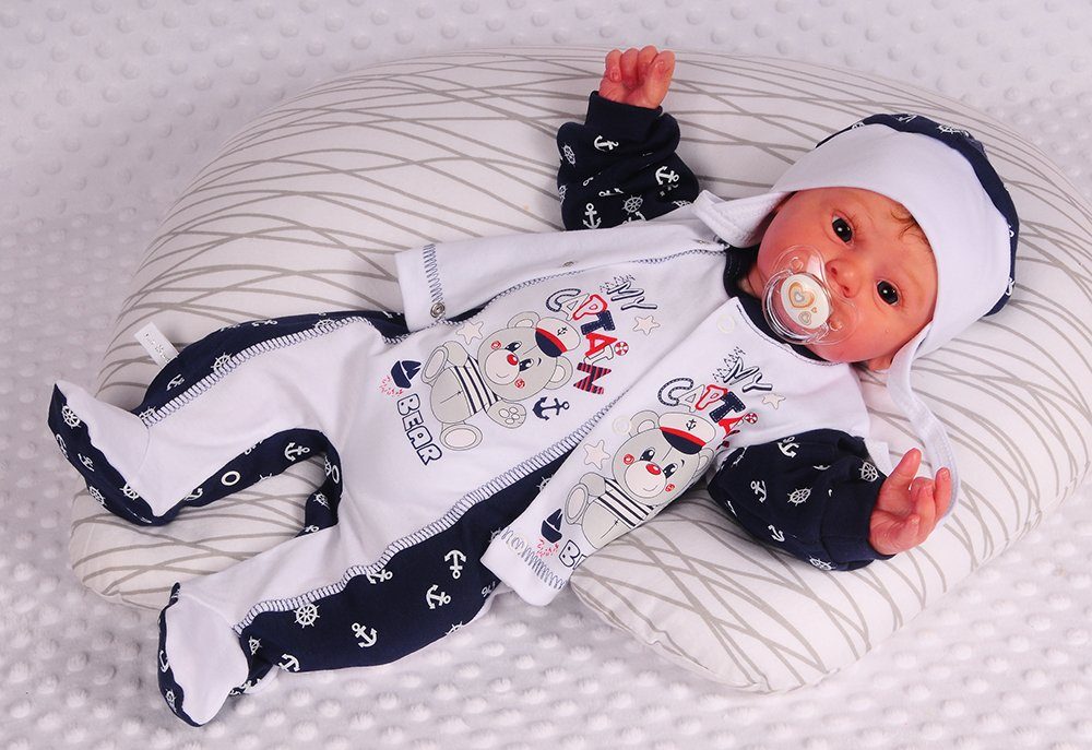La Bortini Strampler Baby Anzug 3Tlg Strampler Hemdchen Mütze mit Anker und Bär aus reiner Baumwolle, 44-50 56 62 68 74 80 in weiß blau
