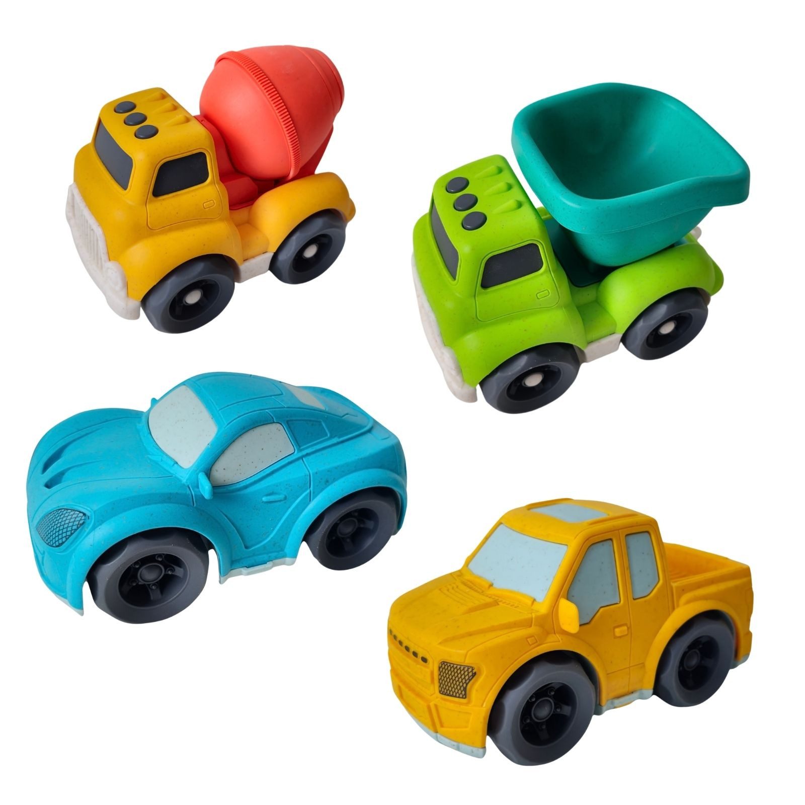 alldoro Spielzeug-LKW Spielzeug-Autos 4er Set, Kipplaster, Betonmischer, Rennauto & Pickup, kleine Spielfahrzeuge für Kinder ab 1 Jahr, Kunststoff-Weizenstroh Mix