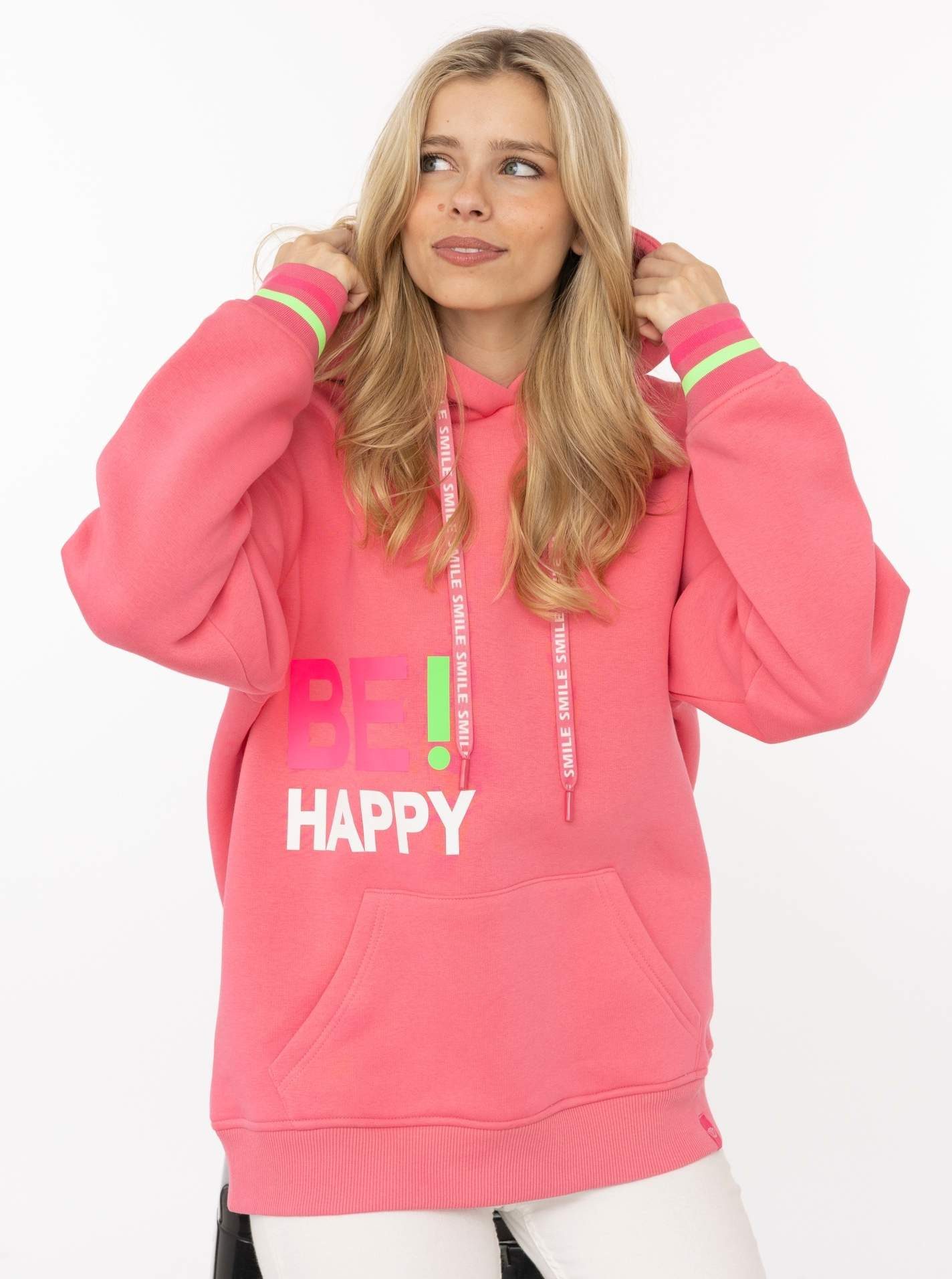 Zwillingsherz Hoodie "Be Happy!" gestreifte Bündchen, Aufdruck auf Brust, Kapuze, Kängurutasche
