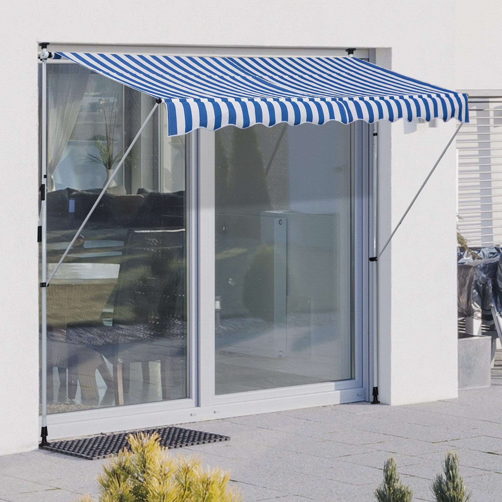 REDOM Markise Balkonmarkise 300x150 cm Blau Weiß Alu Sonnenschutz mit Handkurbel (Packung, 1-St., Leichtes Aluminiumgestell, pflegeleichtes Polyester für Outdoor) Flexibel einstellbar 170-280 cm Höhe, geeignet für Balkon und Garten