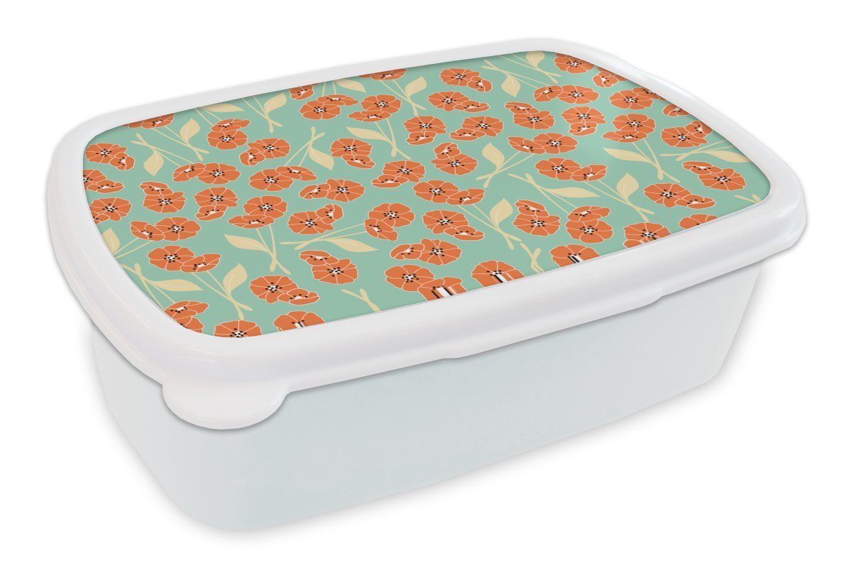 MuchoWow Lunchbox Retro - Blumen - Design - Orange, Kunststoff, (2-tlg), Brotbox für Kinder und Erwachsene, Brotdose, für Jungs und Mädchen weiß
