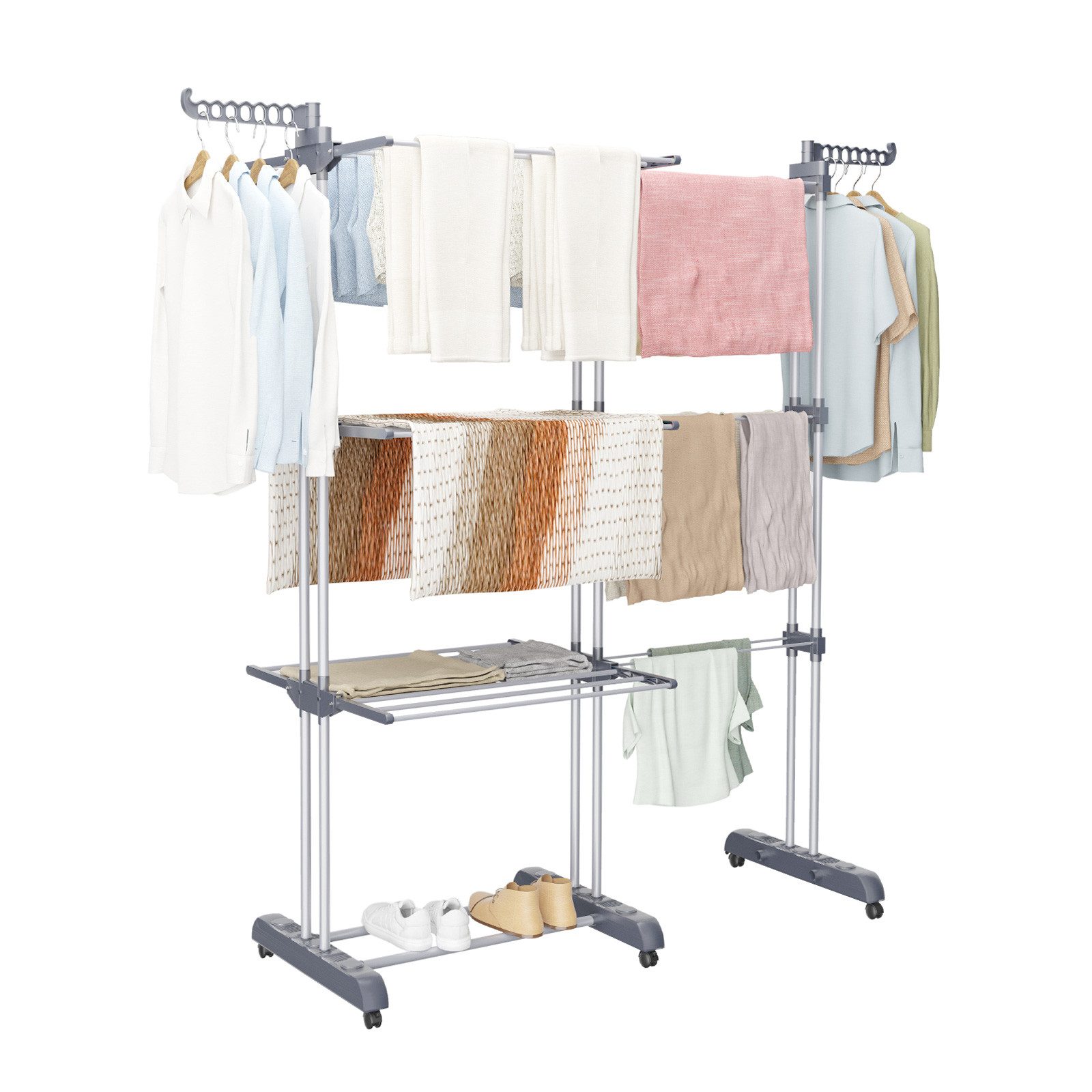 Oak&Tea Wäscheständer Turmwäscheständer Ausziehbarer Wäscheständer Turm für Balkon & Wohnung, XXL Standtrockner, 4 Ebenen, klappbare zwischen 83-200cm, mit Rollen