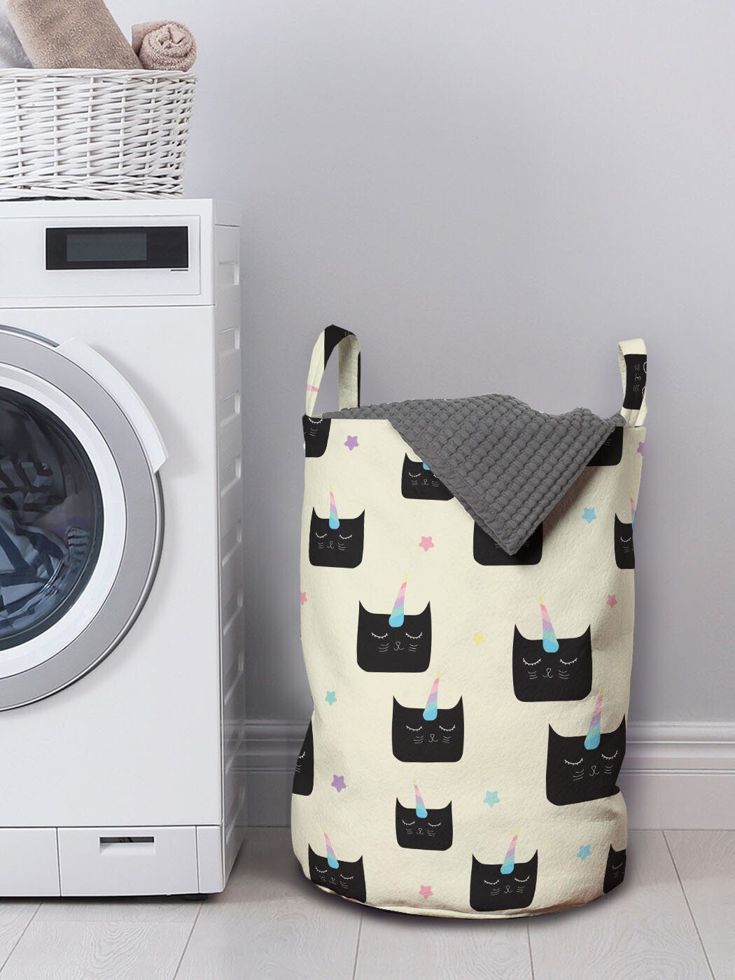 Abakuhaus Wäschekorb Katzen-Muster Kordelzugverschluss mit Waschsalons, Karikatur Unicorn Griffen Wäschesäckchen für