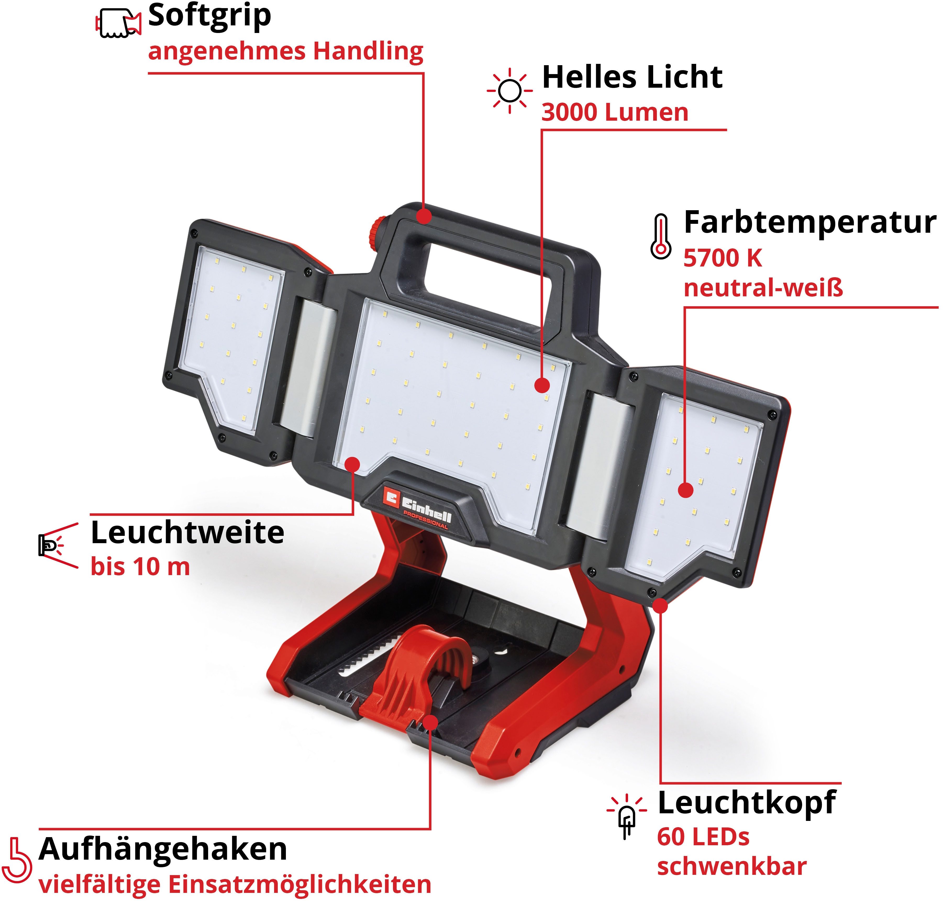 Einhell LED Arbeitsleuchte Akku-Lampe TP-CL 18/3000 Li - Solo, LED fest integriert, Neutralweiß, Mitglied der Power X-Change Familie, ohne Akku – Bild 2 von 5