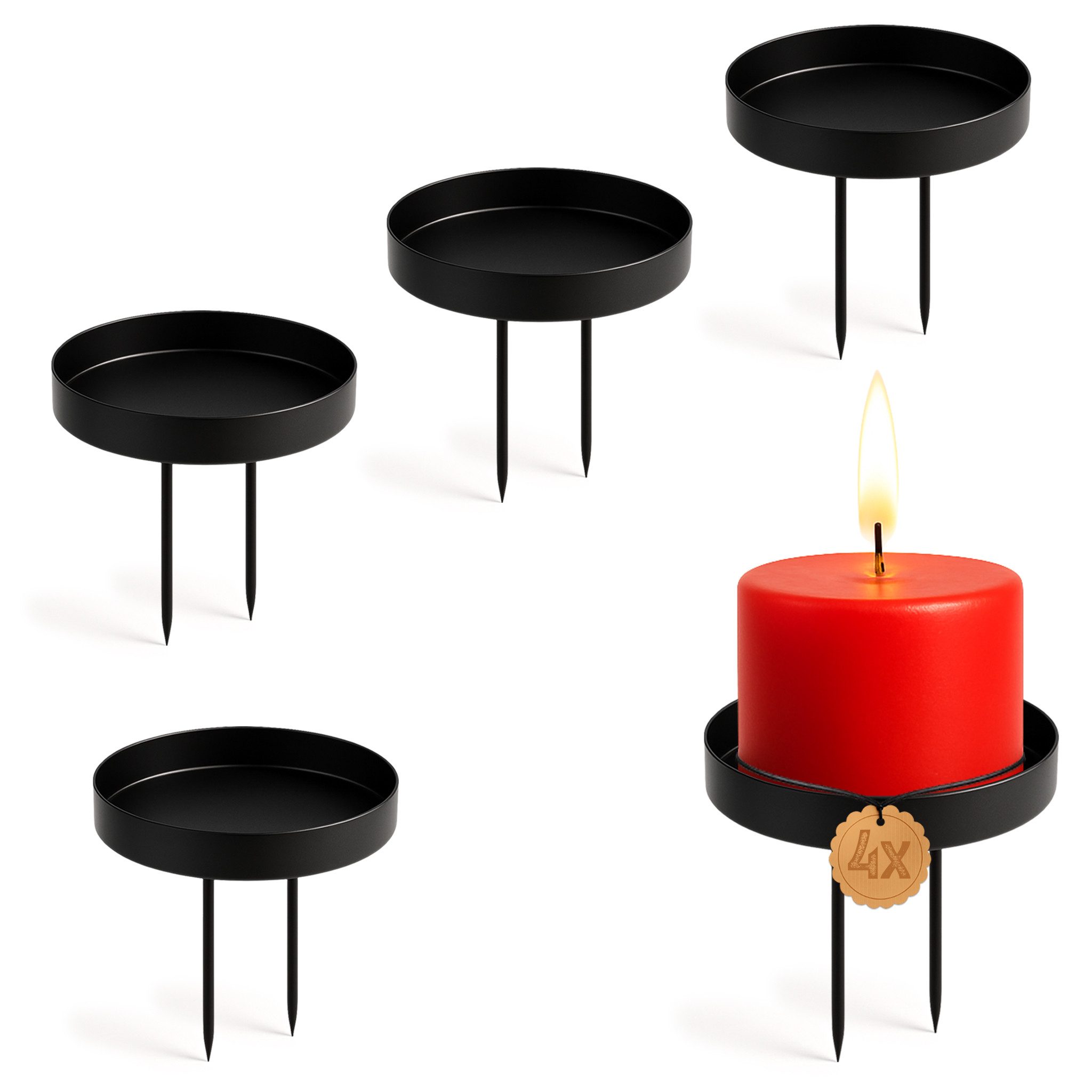 matches21 HOME & HOBBY Kerzenhalter Kerzenteller 4er Set Metall Schwarz Ø 7,2 cm mit 2 Dornen (4 St), Adventskranz Kerzenhalter für Stumpenkerzen