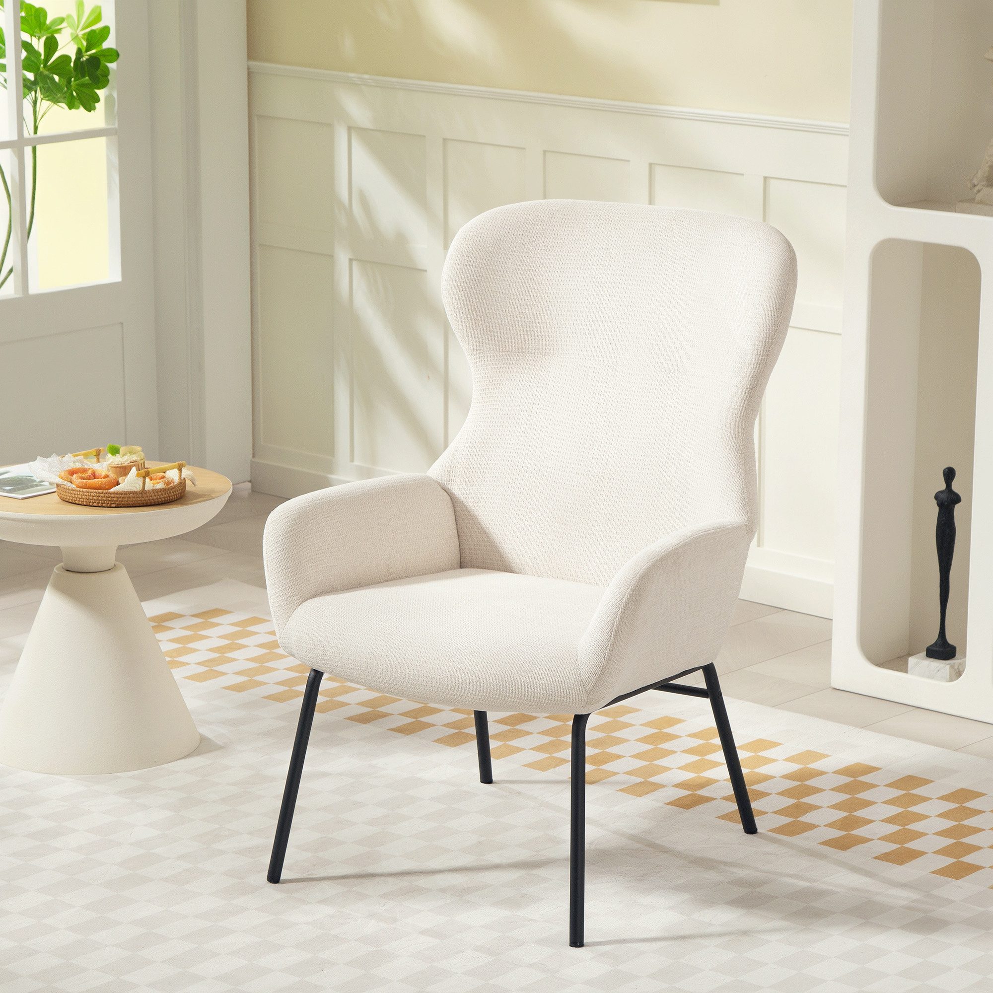 HOMCOM Relaxsessel Ohrensessel Loungesessel mit hoher Rückenlehne, Stahlbeine (Polstersessel mit Leinenoptik, 1-St., Stahlbeine Polstersessel mit Leinenoptik), Lesesessel für Schlafzimmer Cremeweiß