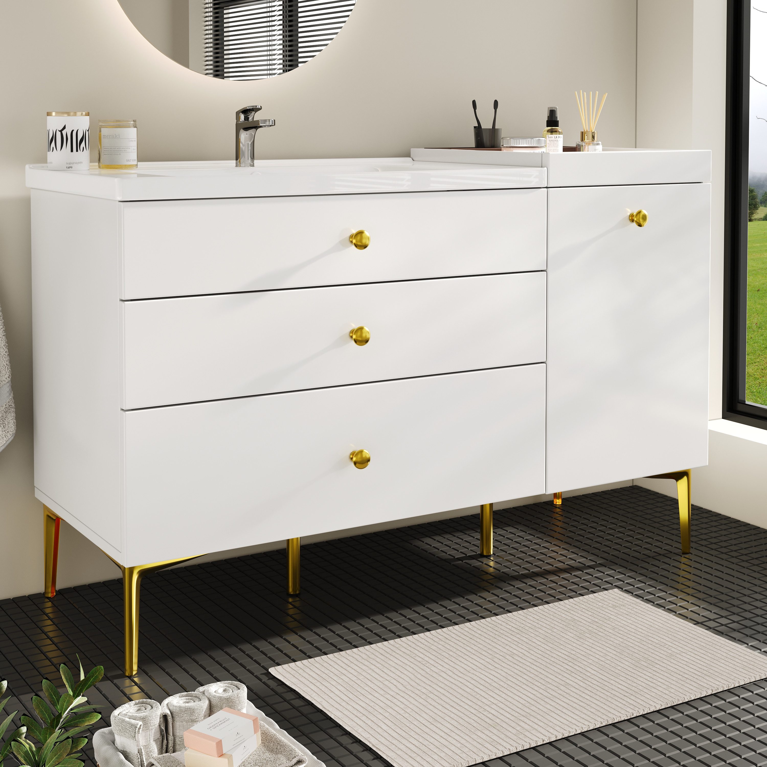 Flieks Waschtisch mit 3 Schubladen und abnehmbarer Aufbewahrungsbox (B120/T47,5/H80 cm, 1-St., bodenstehend Badzimmerschrank Waschplatz mit vergoldeten Metallfüßen), Waschbeckenunterschrank mit Waschbecken Badmöbel in Breite 120 cm