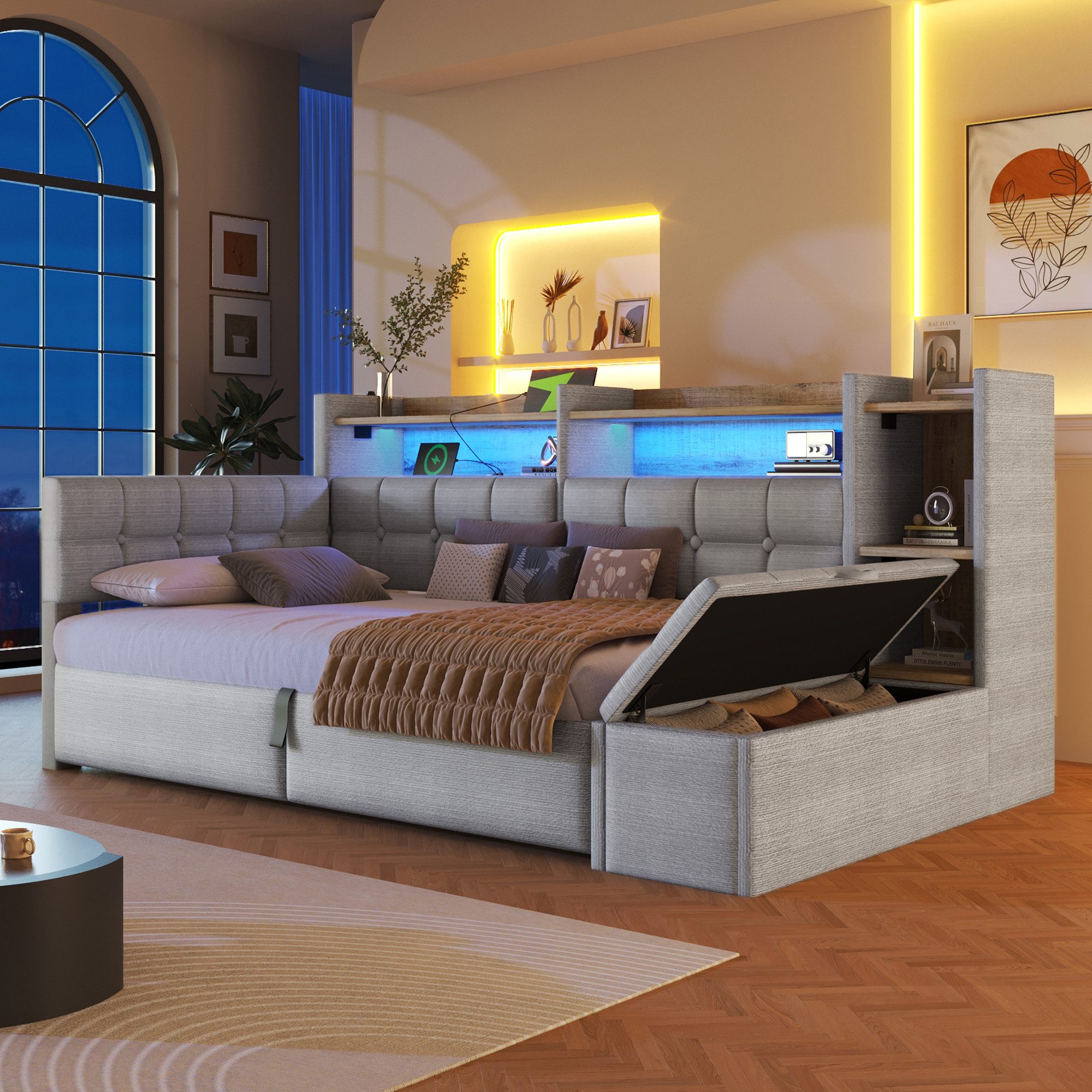 Merax Daybett mit LED Lichtleiste, USB, Typ-C & Bettkasten, Samt (Schlafsofa Sofabett Jugendbett Kinderbett Einzelbett, 1 tlg), Tagesbett 90x200cm mit hydraulischem Stauraum,Ablagefach,Stauraumbank