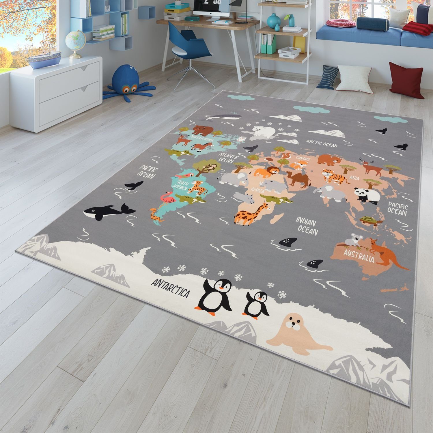 Kinderteppich Rutschfester Teppich Kinderzimmer Spielteppich Mädchen Jungen, TT Home, eckig, Höhe: 9 mm Grau Blau Braun