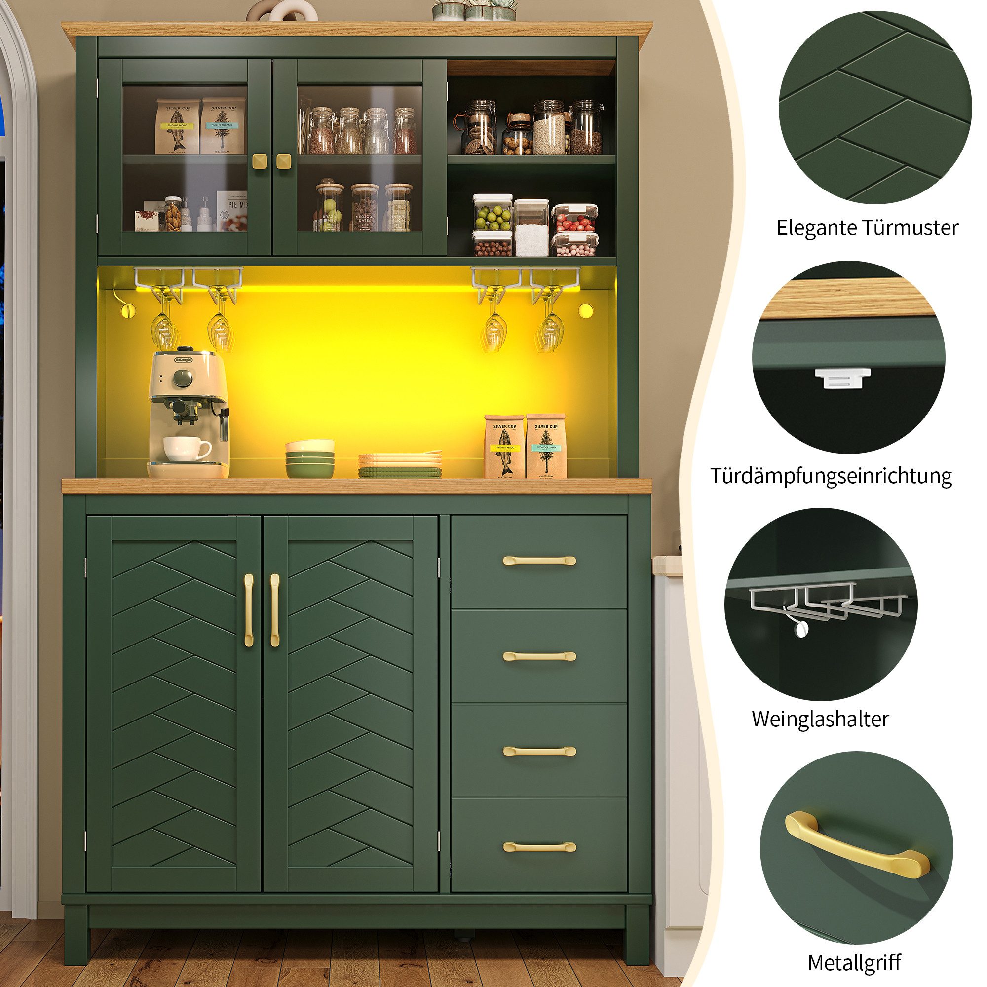 Odikalo Küchenbuffet Küchenschrank Buffetschrank mit LED, Landhausstil (105.5x40x180cm, 4 Türen, mit LED-Lichtleiste & Getränkehaltern)