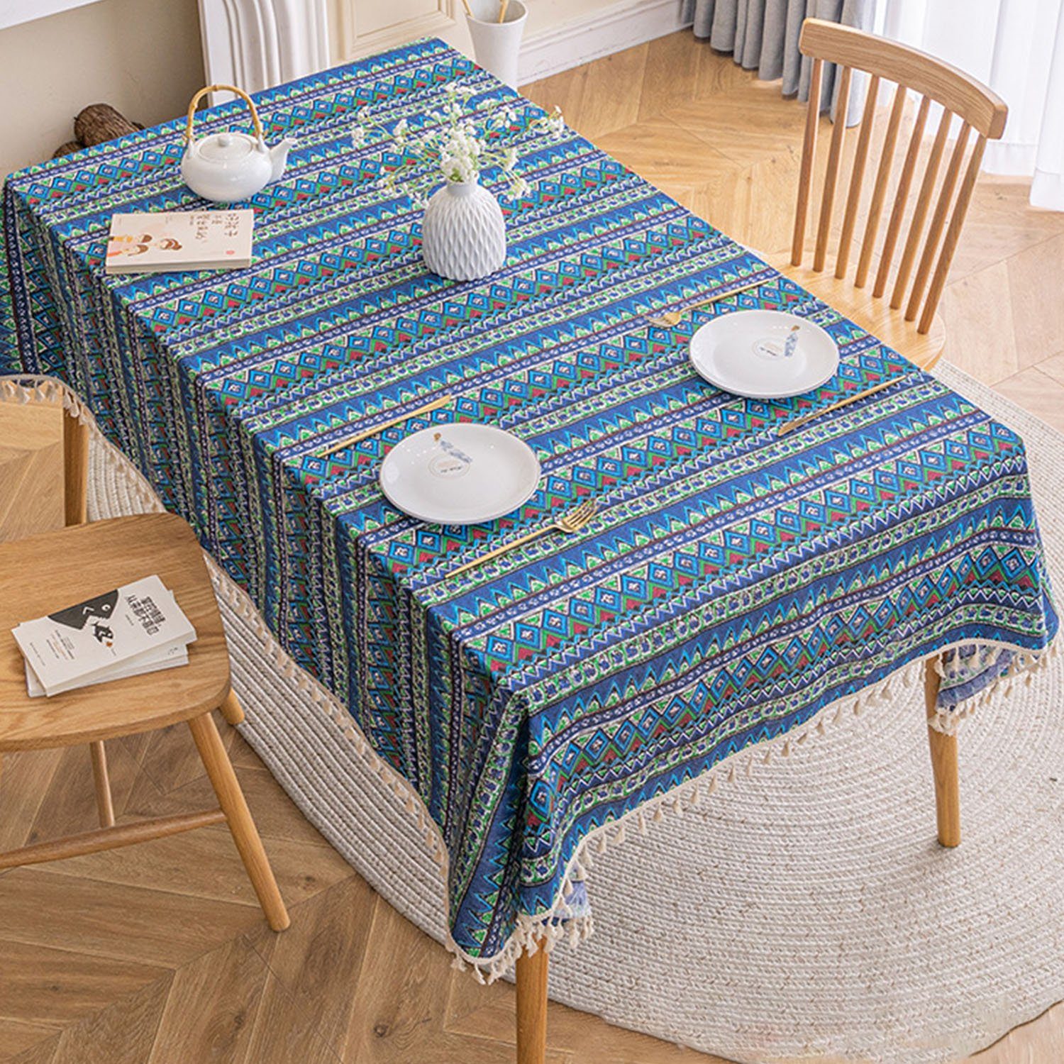 MAGICSHE Tischdecke Böhmische Tischdecke aus Baumwollleinen mit Quaste Blaue Welle-Quaste