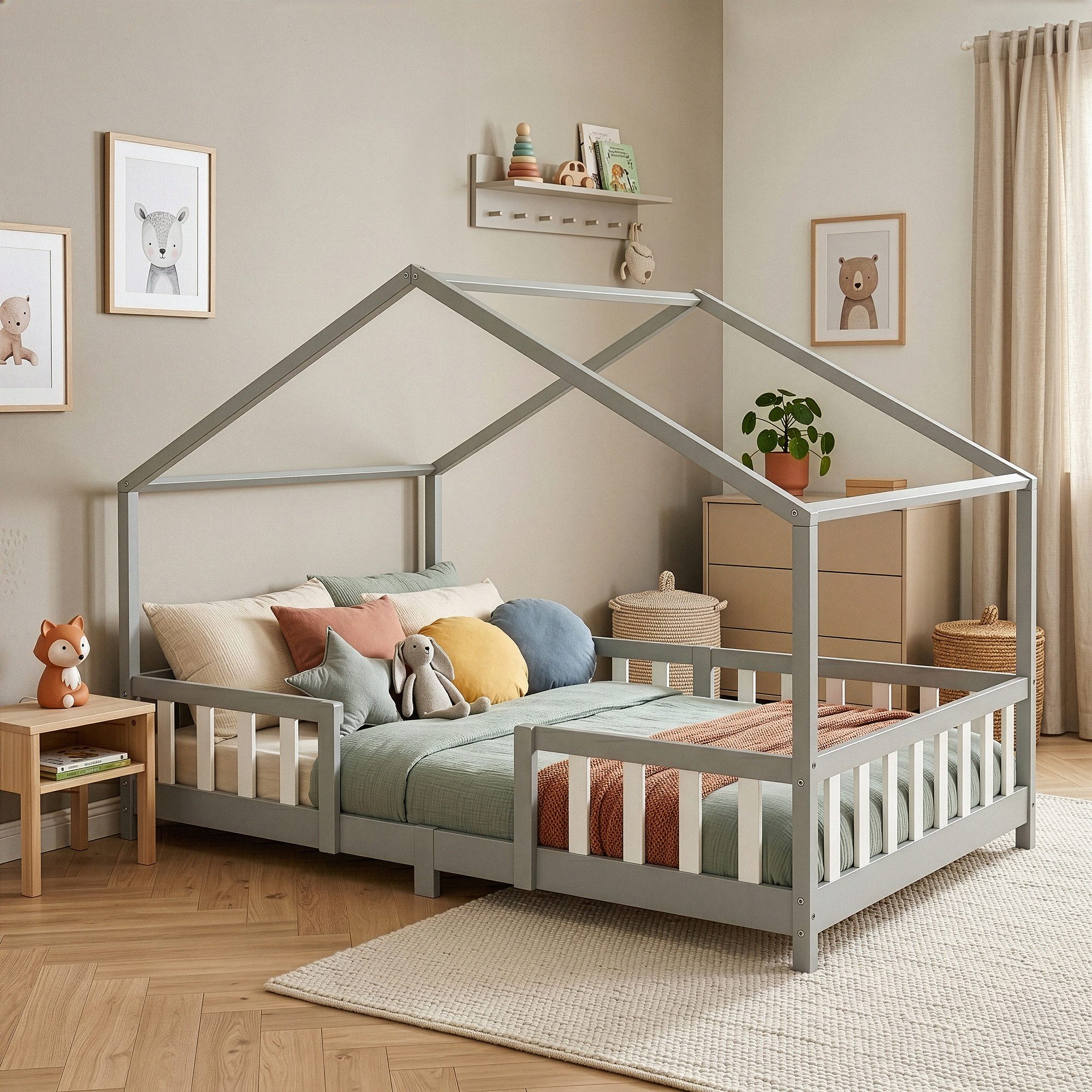 en.casa Kinderbett, »Treviolo« Haus-Optik Montessori 120x200 cm Hellgrau/Weiß