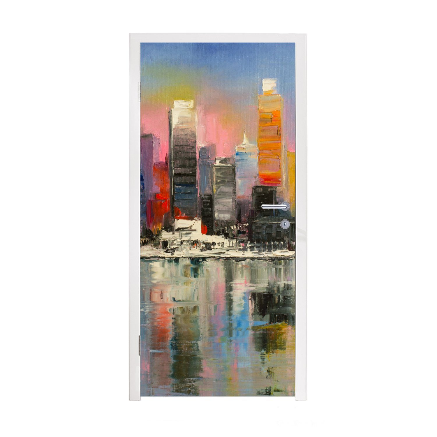 MuchoWow Türtapete Gemälde - Öl - Skyline - Wasser, Matt, bedruckt, (1 St), Fototapete für Tür, Türaufkleber, 75x205 cm