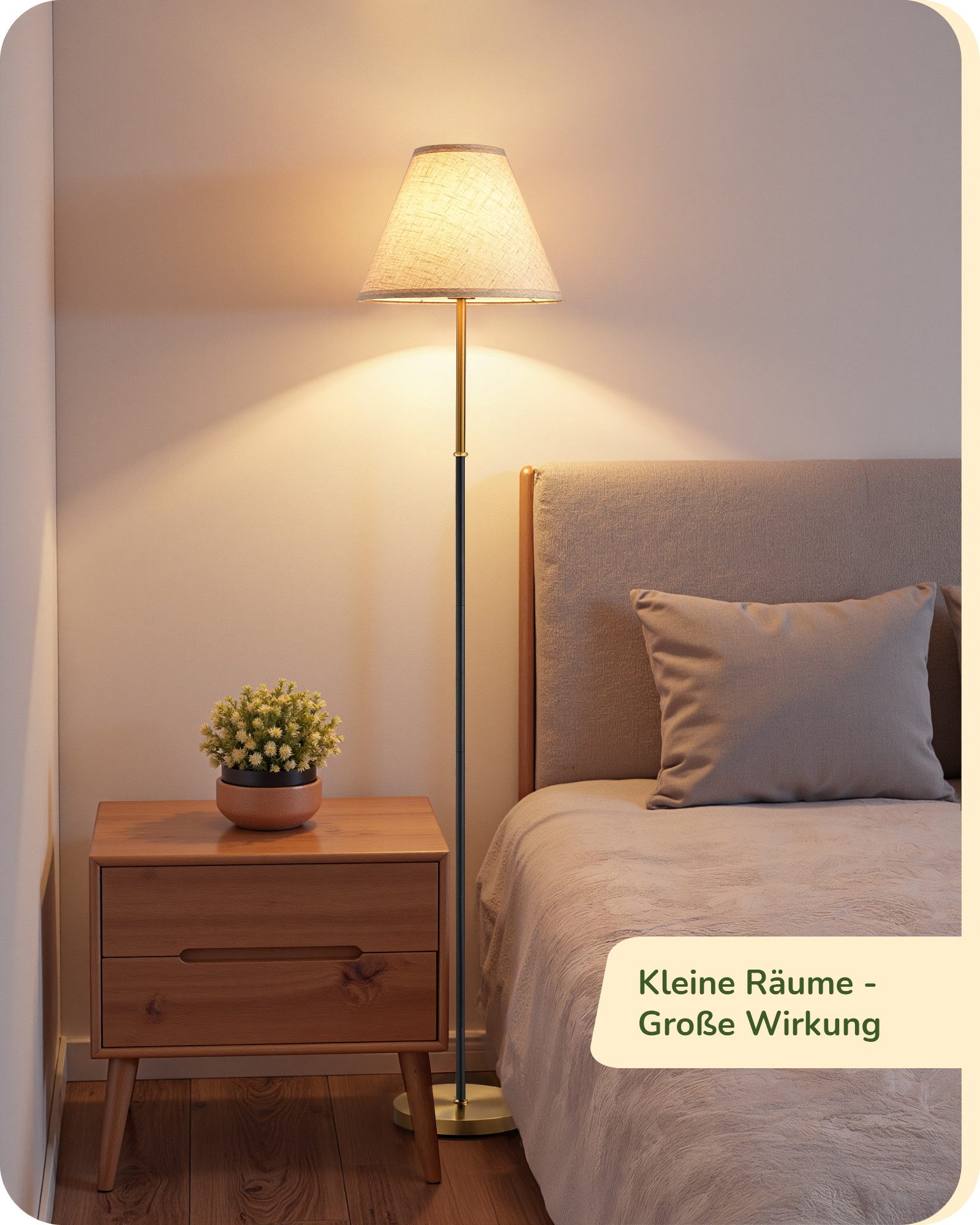EDISHINE Stehlampe Wohnzimmer, LED wechselbar, warmweiß, Leselampe für Ecke, Stehlampe mit Leinenstoff-Schirm, 2700K