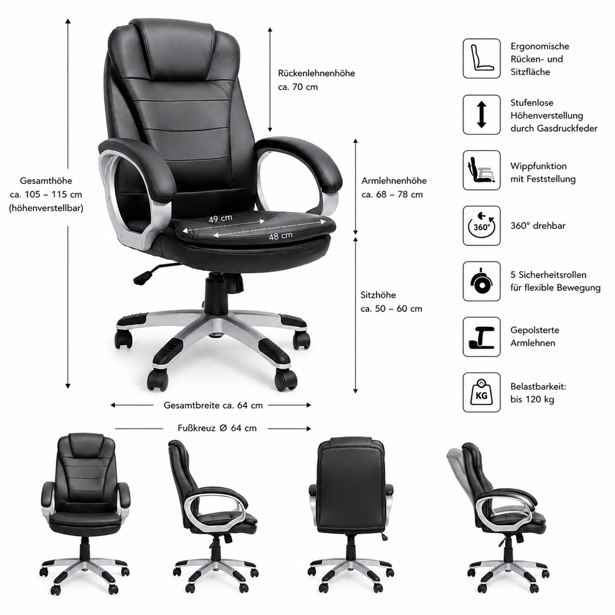 Mucola Schreibtischstuhl Chefsessel Bürostuhl 120 KG Drehstuhl Schreibtischstuhl Gaming Stuhl (Stück), Rückenlehne mit integrierter Kopfstütze