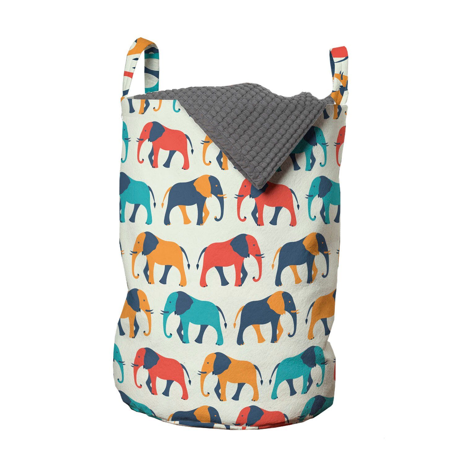 Abakuhaus Wäschesäckchen Wäschekorb mit Griffen Kordelzugverschluss für Waschsalons, Elefant Retro bunte Safari