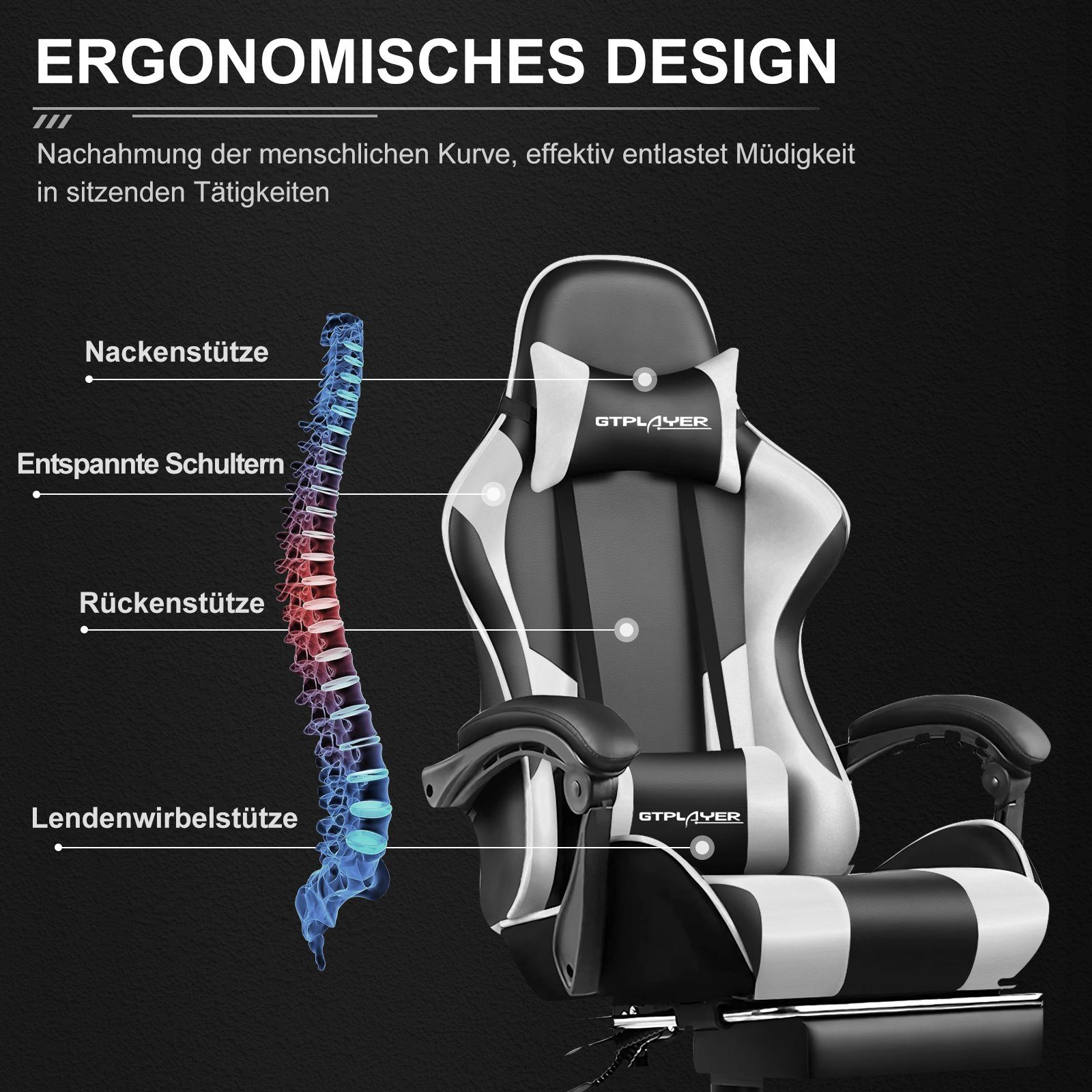 GTPLAYER Gaming-Stuhl Bürostuhl mit Massagefunktion, Fußstütze, Kopfstütze (Packung), Ergonomischer Gamer Stuhl Maximale Belastung 150 kg, 360° drehbar