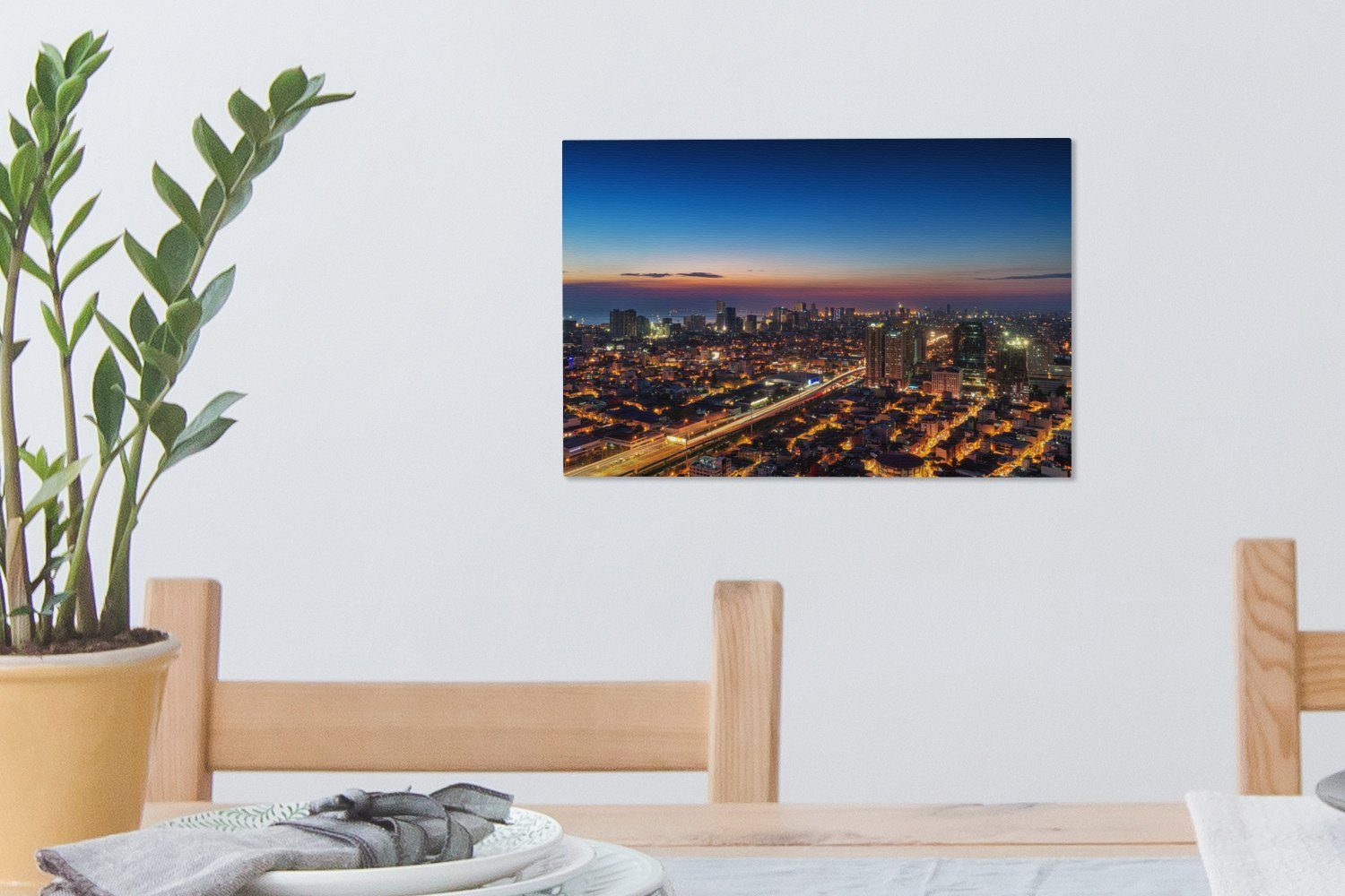 OneMillionCanvasses® Leinwandbild Skyline von Wandbild der cm (1 30x20 Leinwandbilder, Wanddeko, Aufhängefertig, Abenddämmerung, in St), Manila
