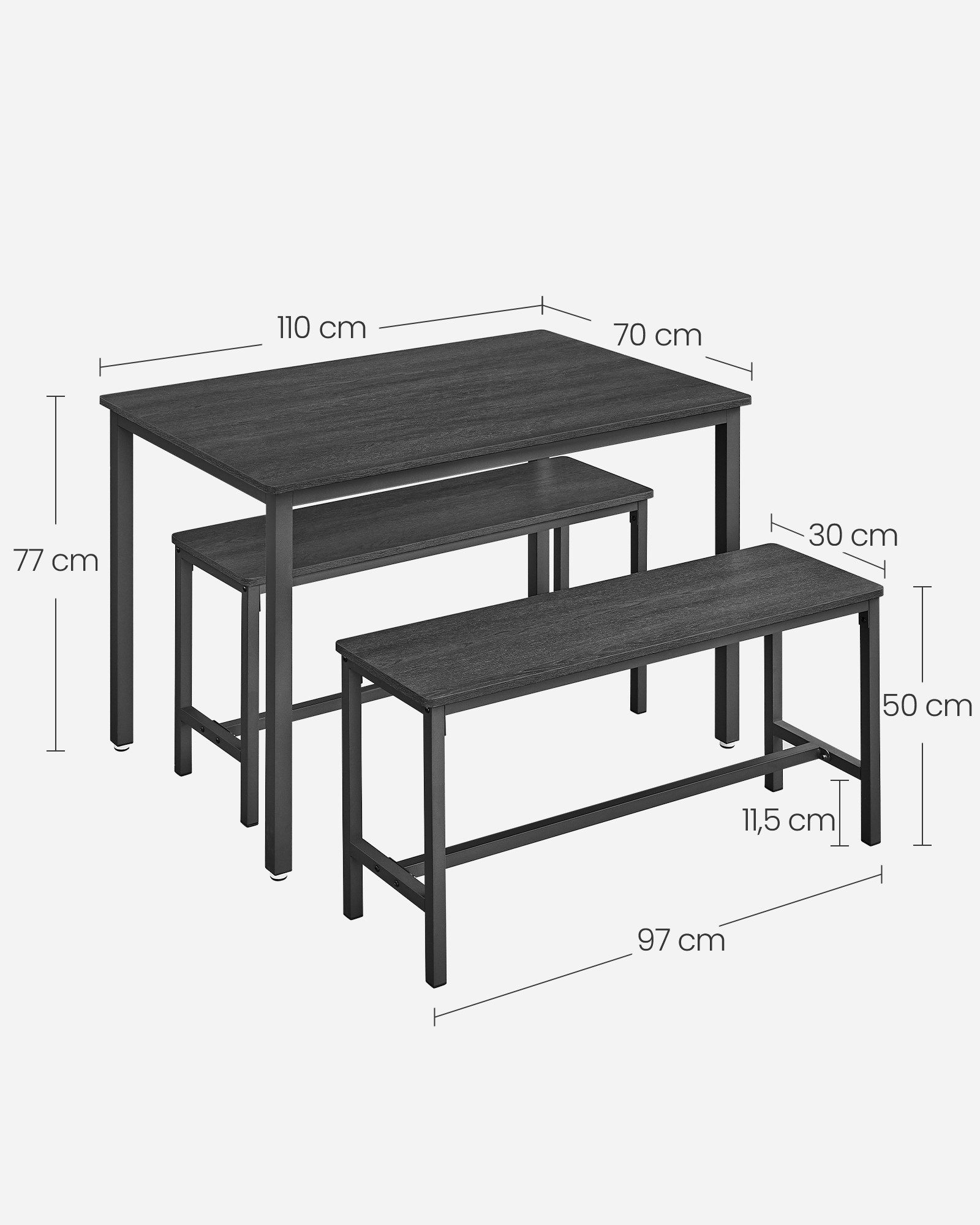 VASAGLE Essgruppe Esstisch mit 2 Bänken, 3er-Set, (3er-Set, 3-tlg., Esstisch mit 2 Bänken), Küchentisch 70 x 110 x 77 cm, 2 Bänke je 30 x 97 x 50 cm