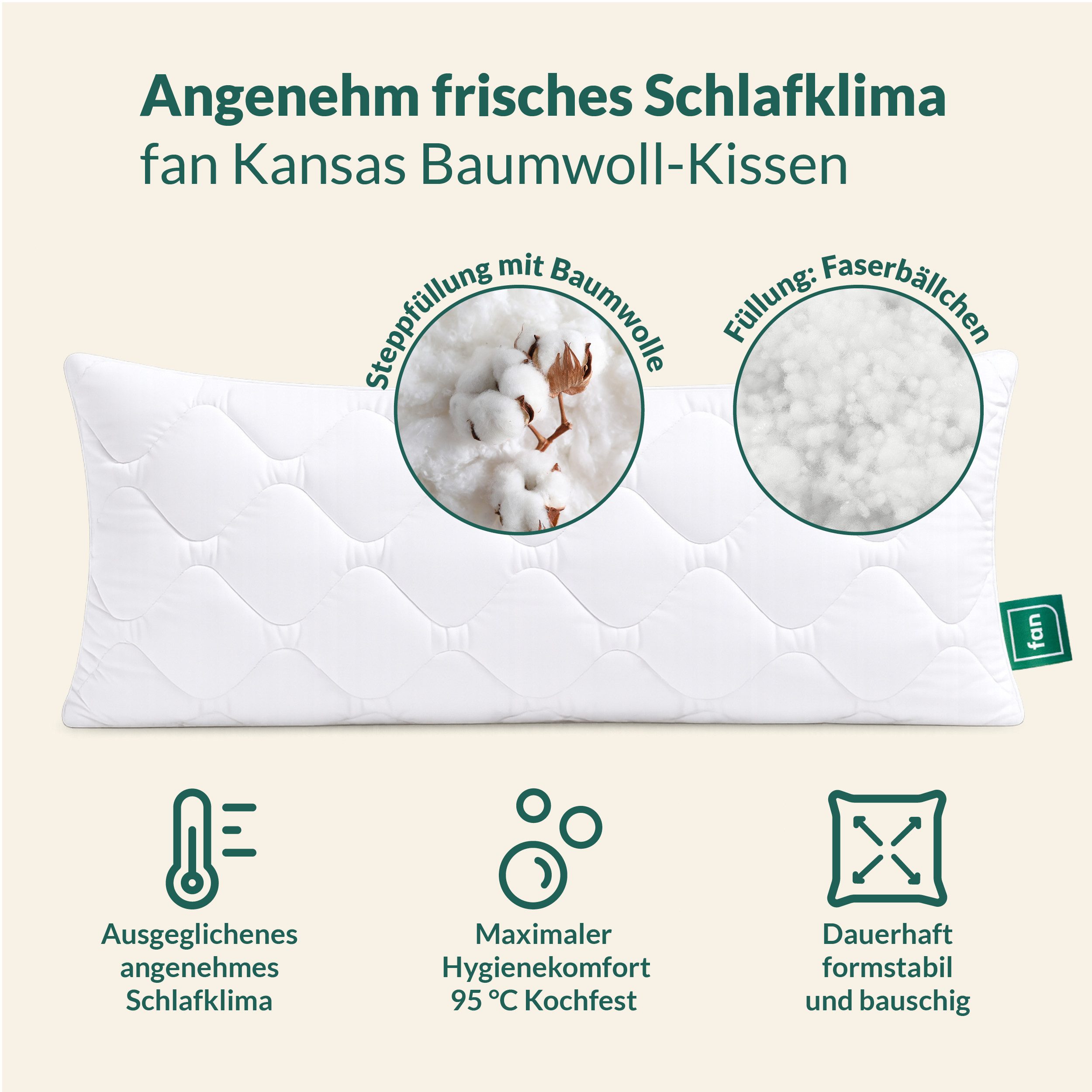 fan Microfaserkissen Kansas, mit Baumwollbezug und Reißverschluss, Füllung: 100% Microfaser, Bezug: 100% Baumwolle, in 40x80 oder 80x80 cm, Kopfkissen aus Microfaser, Made in Germany