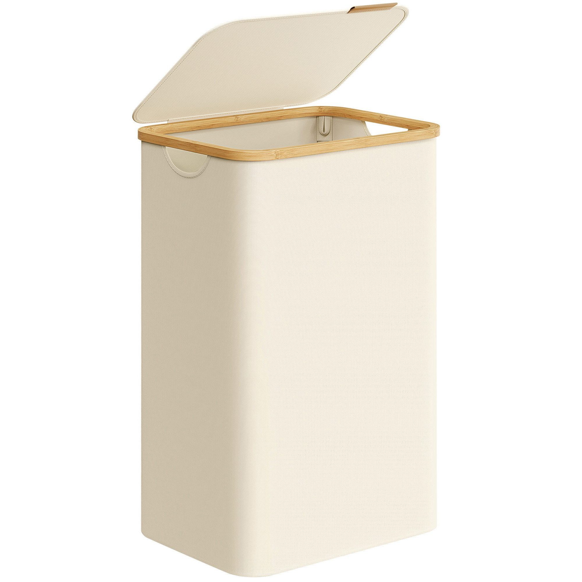 SONGMICS Wäschekorb, mit Deckel, 90 L, herausnehmbarer Wäschesack, Griffe aus Bambus