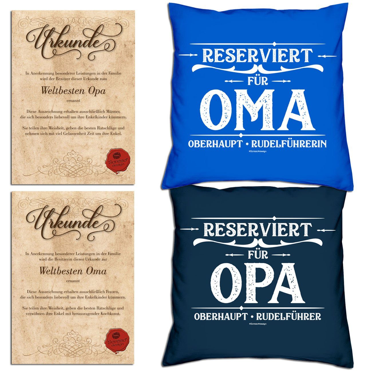 Soreso® Dekokissen Kissen-Set Reserviert für Opa Reserviert für Oma mit Urkunden, Geschenk Vatertag Muttertag Geburtstag royal-blau