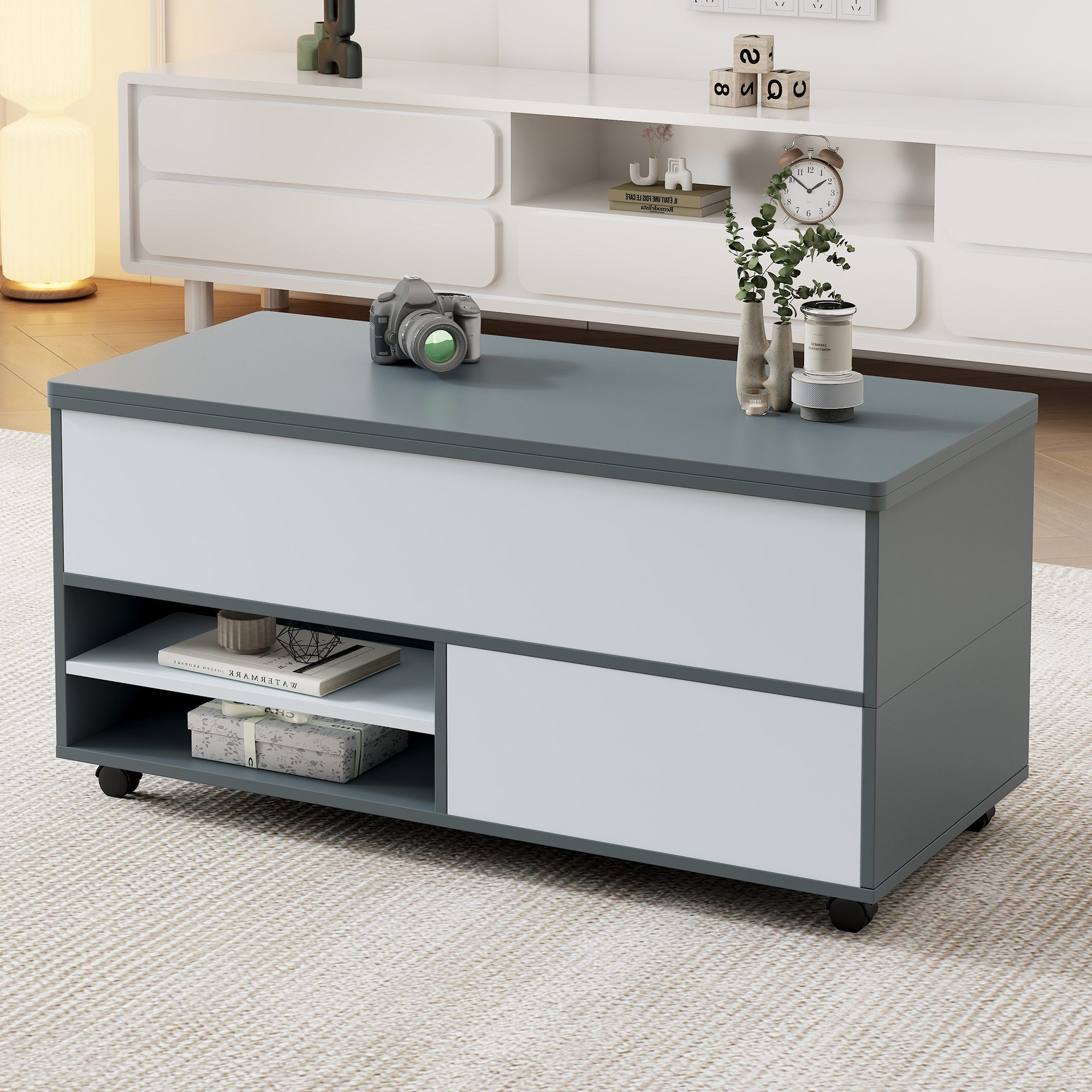 Merax Couchtisch höhenverstellbar Sofatisch Beistelltisch in Weiß-Grau (1-St), Wohnzimmertisch mit Schublade Schrank & Ablagefächern, 100x98x65cm – Bild 2 von 5